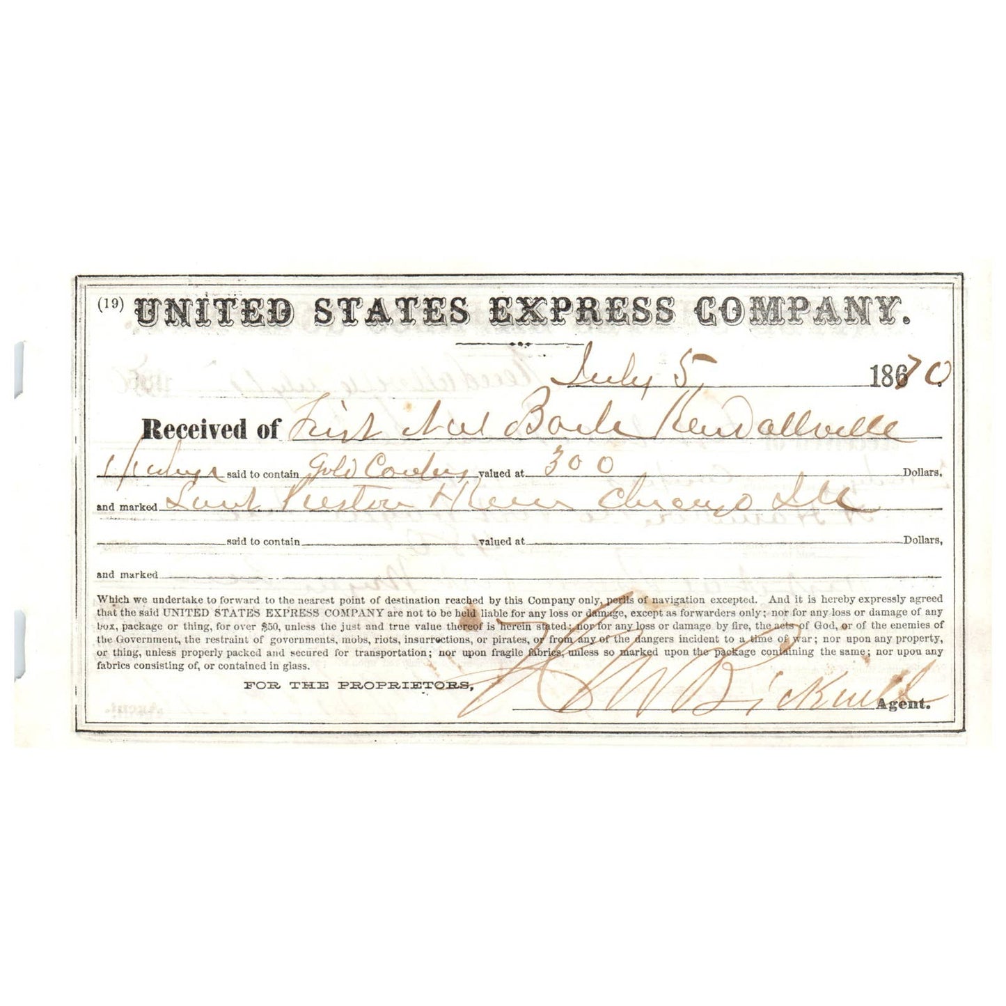 1870 United States Express Company Handwritten Receipt AD8-2