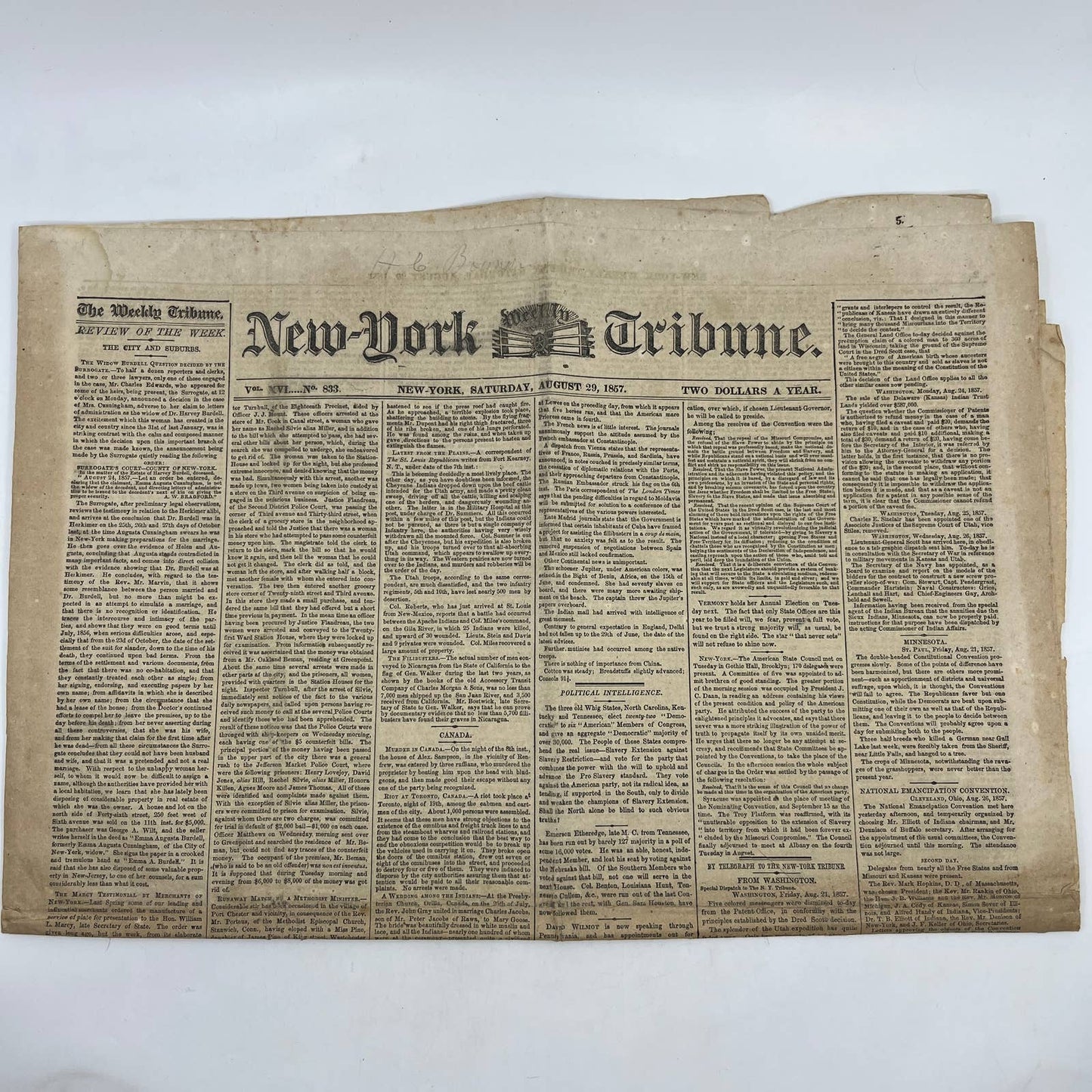 1857 Aug 29 Original New York Tribune - Whig State Slavery Vote FL4
