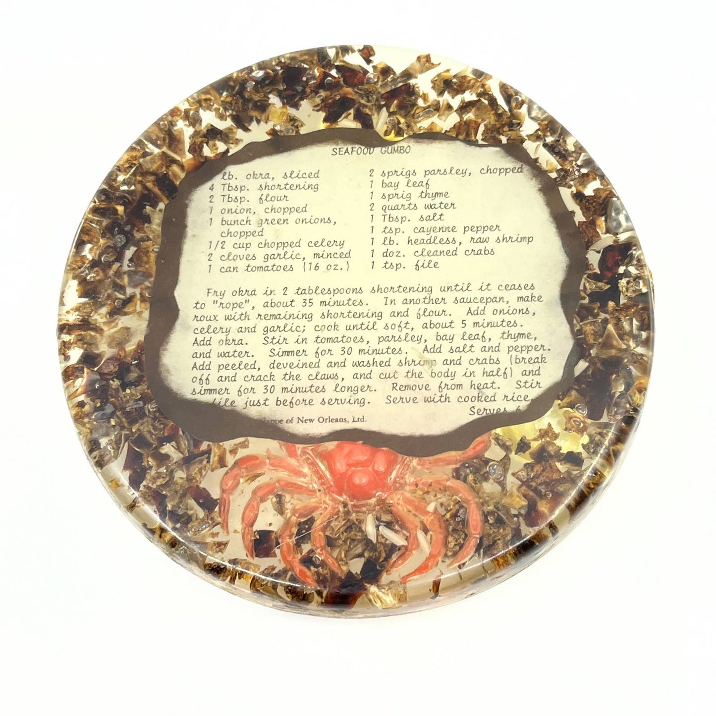 Retro Kitsch Lucite Trivet Seafood Gumbo Recipe Lagniappe New Orleans TC7