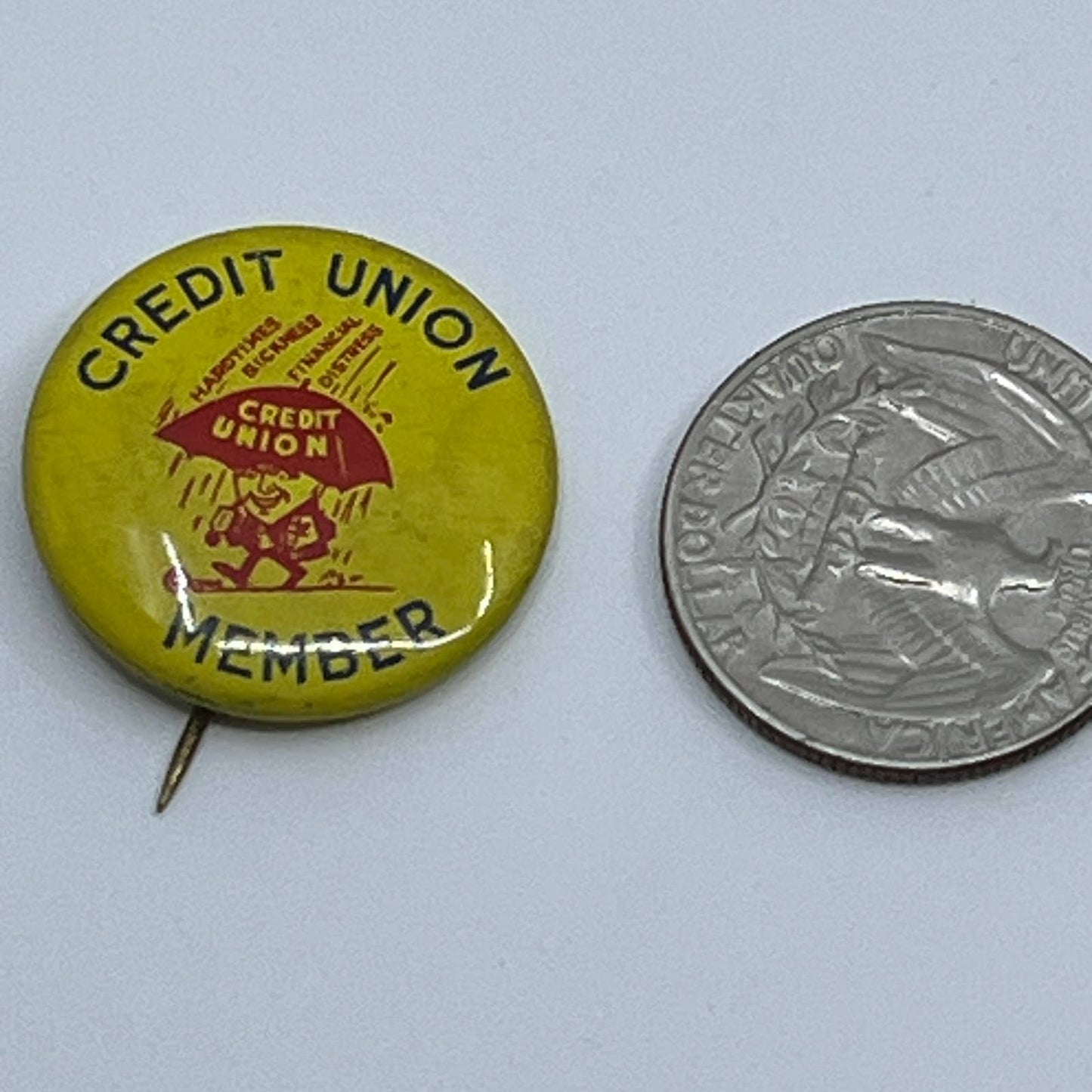 Vintage Credit Union Member Umbrella Man Celluloid Pinback Button SD9