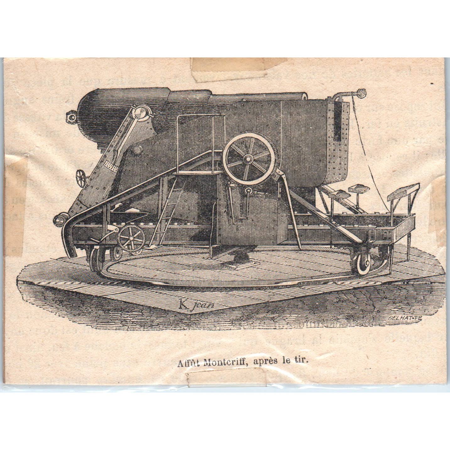 1880s French Wood Engraving Moncrieff Cannon hide, after the shot 3.5x4.5" TJ1-1