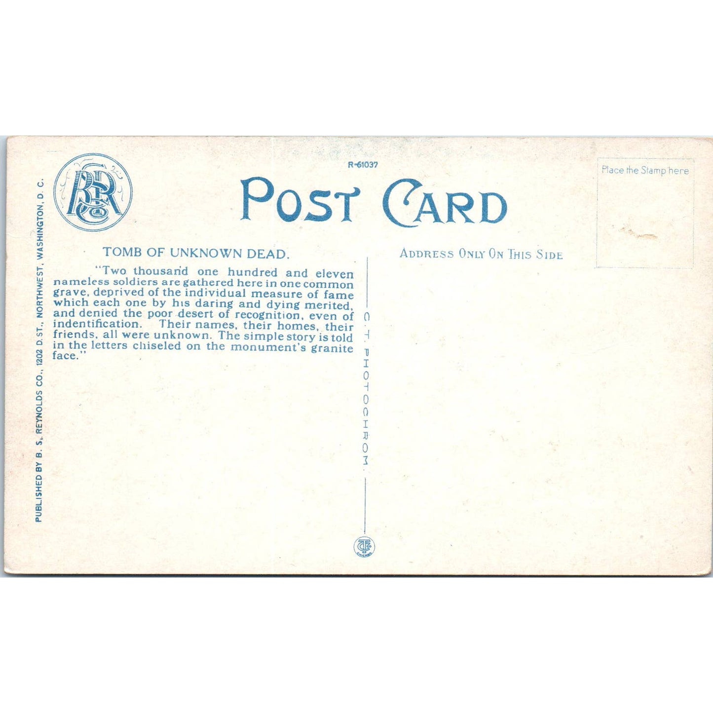 The Tomb of the Unknown Dead Original Postcard TK1-P1