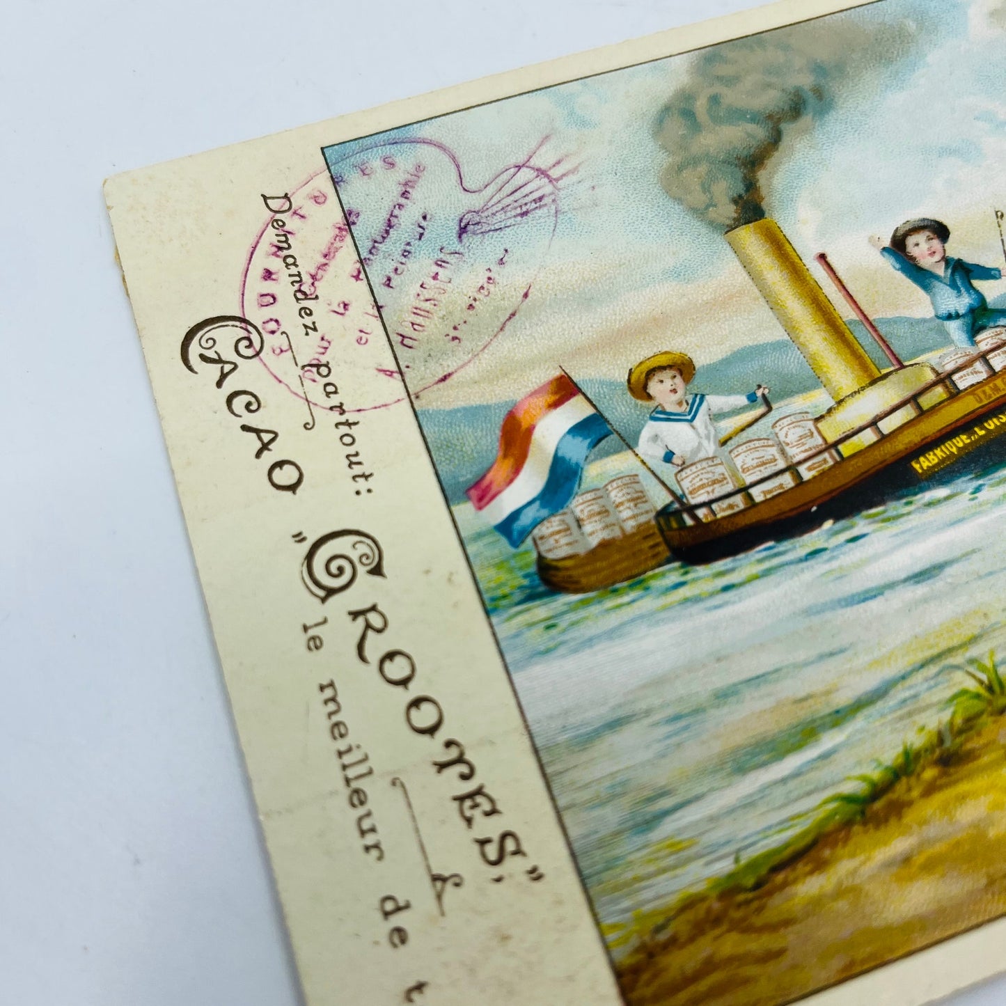 Victorian 1800s French Trade Card Cacao Crooters Children on Tugboat Dog AH9-2