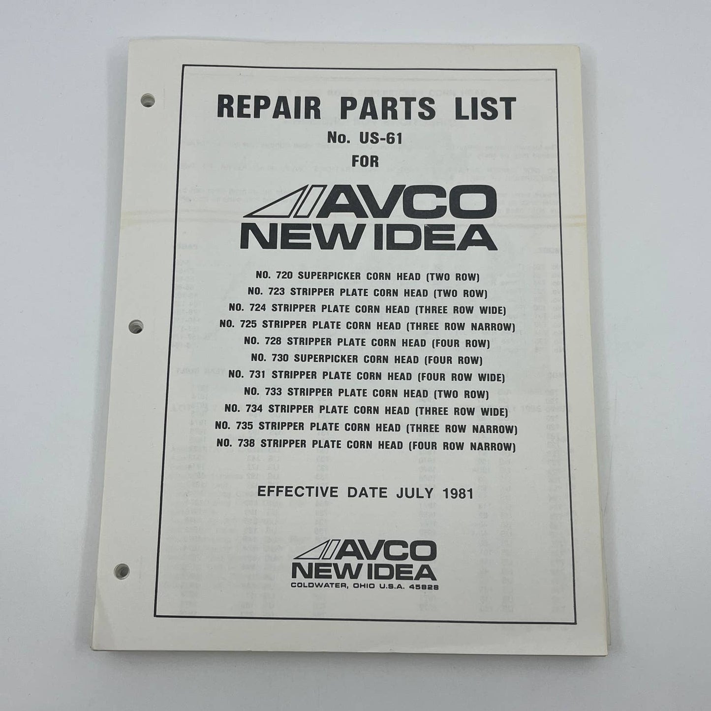 Original 1981 New Idea Repair Part List US-61 Stripper Superpicker Corn Head TB9
