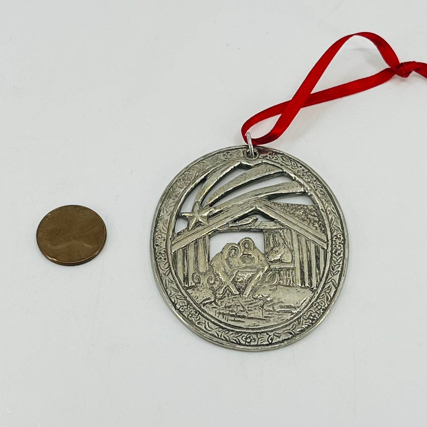 Vintage Nativity Manger Scene Christmas Ornament Norway Pewter Tooled 2” SB5
