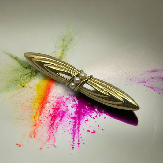 MCM Mod Monet Bar Brooch Faux Pearl 2.25" Gold Tone Signed TK2-P