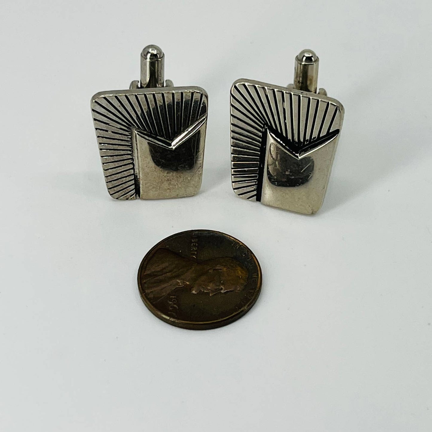 Vintage Art Deco Chrome Tone Stamp Cufflinks Cuff Links SB2