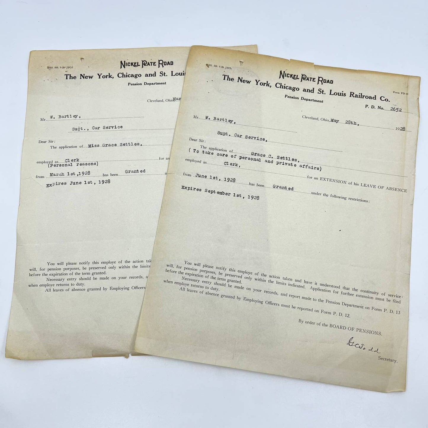 1928 New York, Chicago & St Louis Railroad Co. Leave of Absence Form Lot 2 AA9