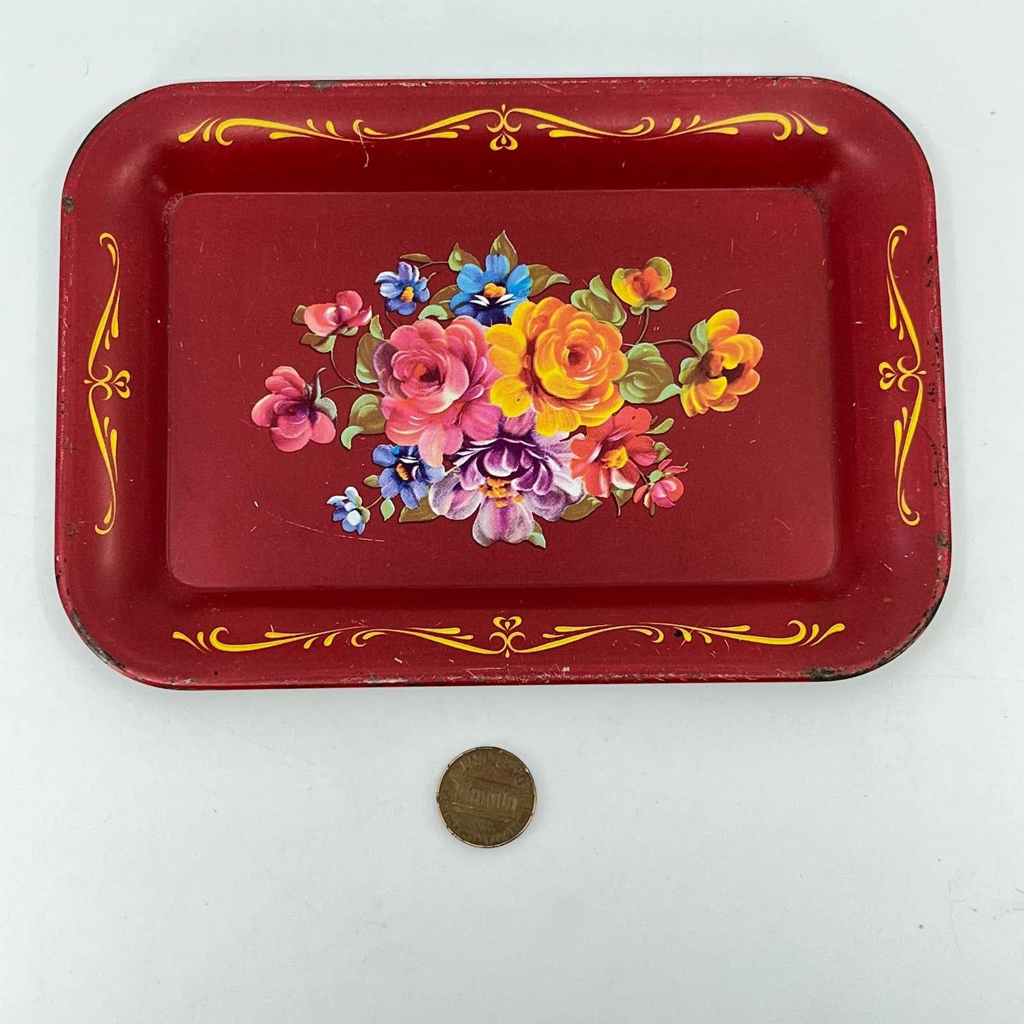 Vintage Toleware Small Tin Enamel Tray Red Floral 6 1/2” TE7
