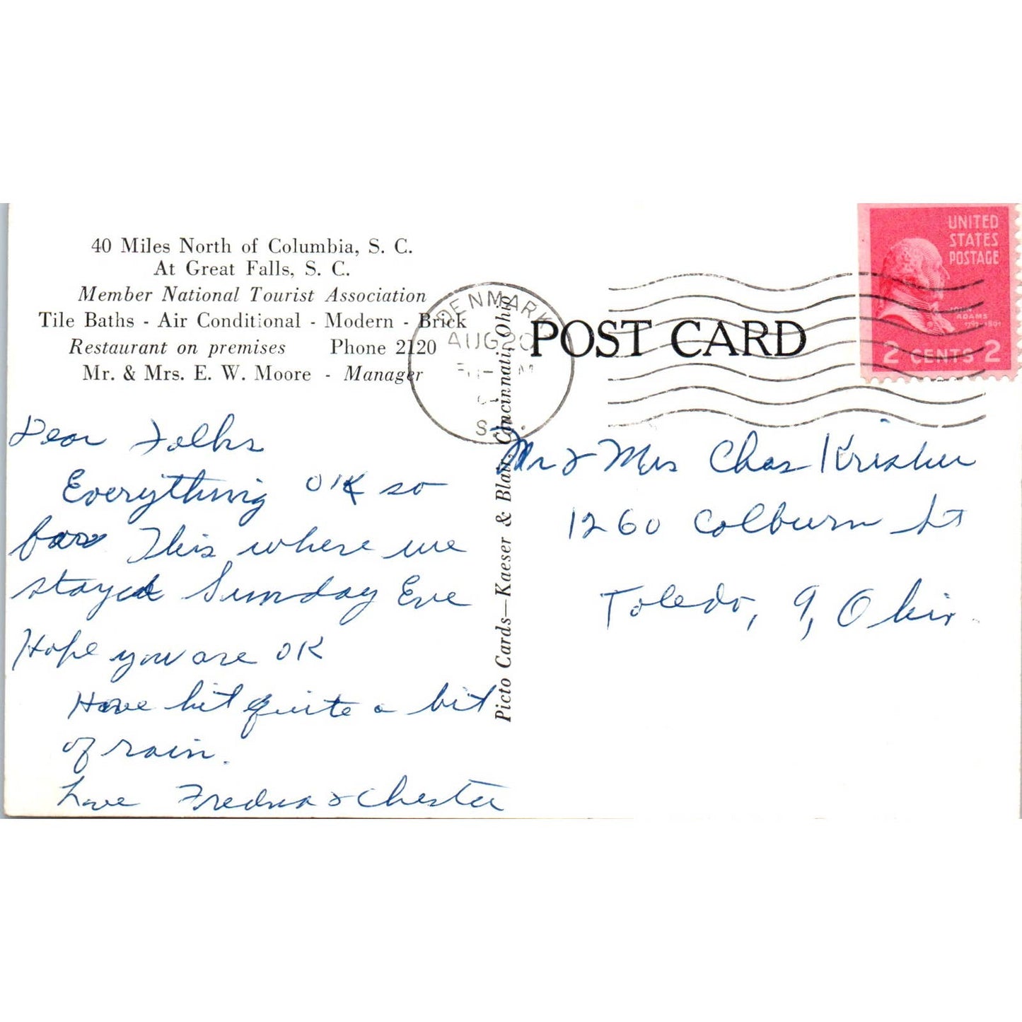 Duke Motel Great Falls South Carolina - Original Postcard TJ7-RP2