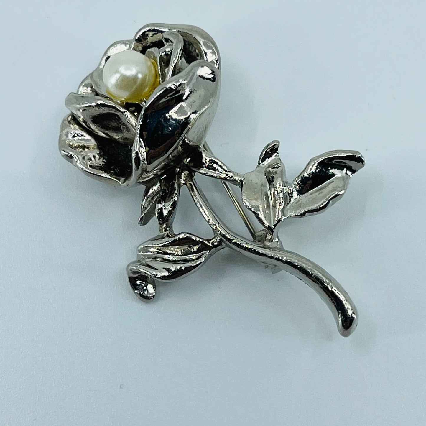 Vintage Faux Pearl Rose Pin Brooch Silver Tone SB2