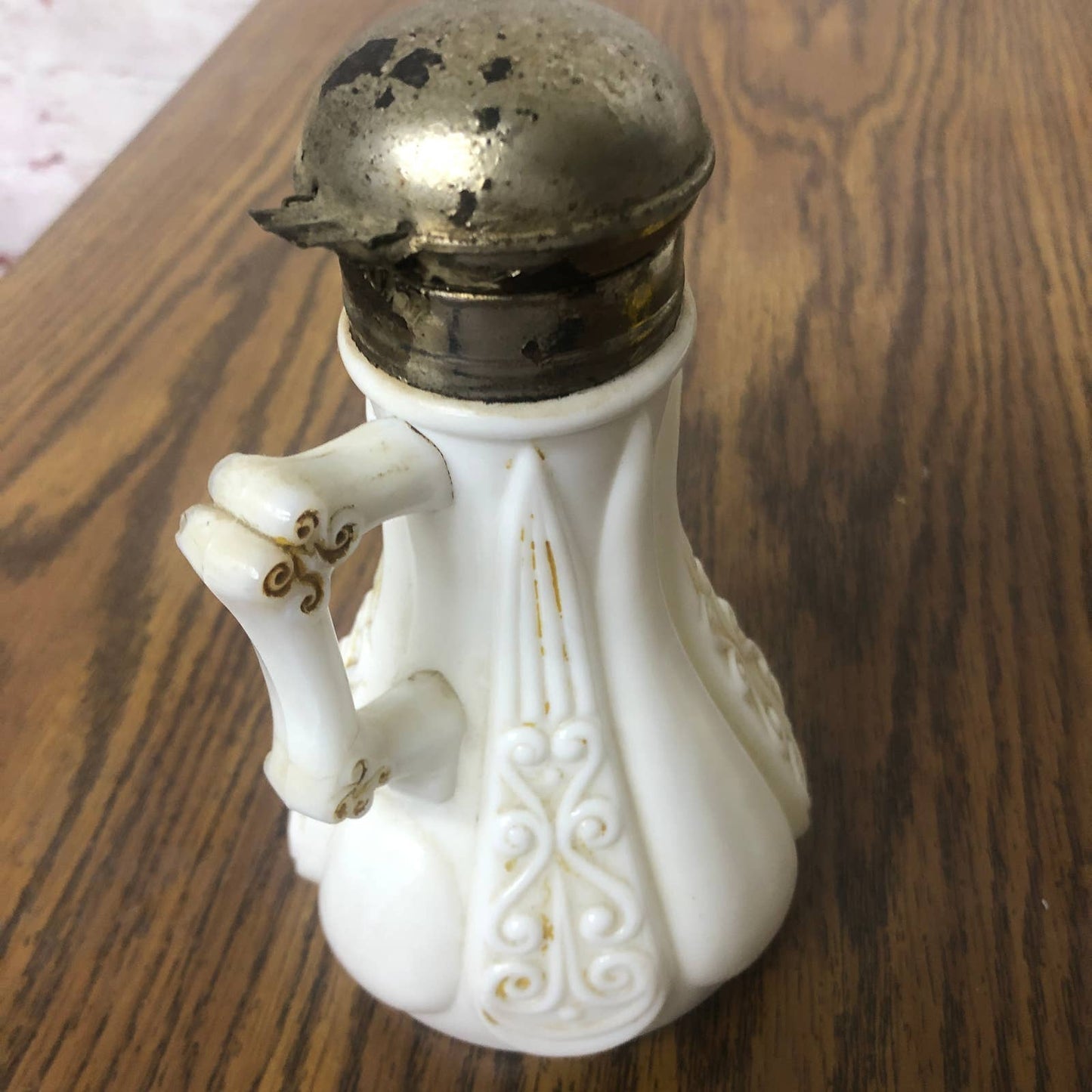1880 Antique Victorian Gilded Milk Glass Syrup Pitcher w/ Metal Spring Top TD8