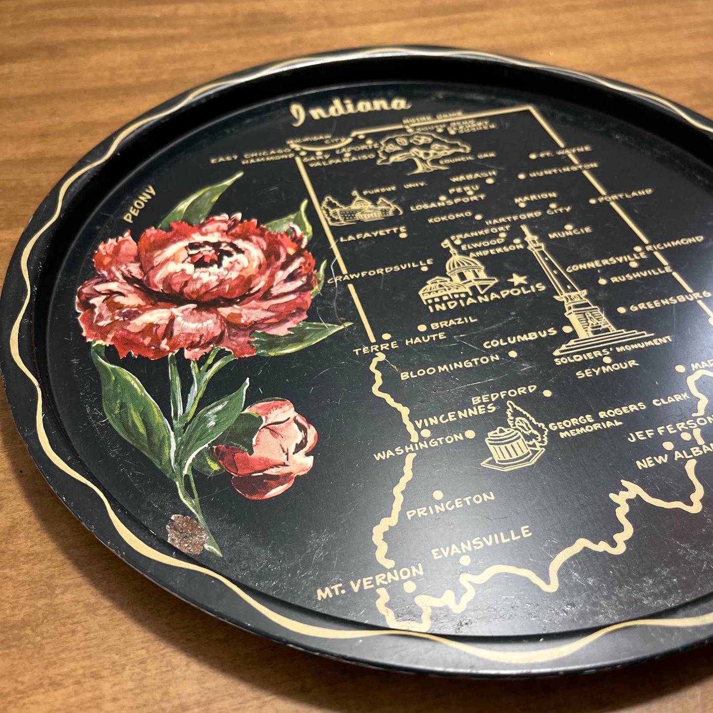Vintage Black & Gold Metal State Souvenir Plate Tray Early Indiana 11” TG7