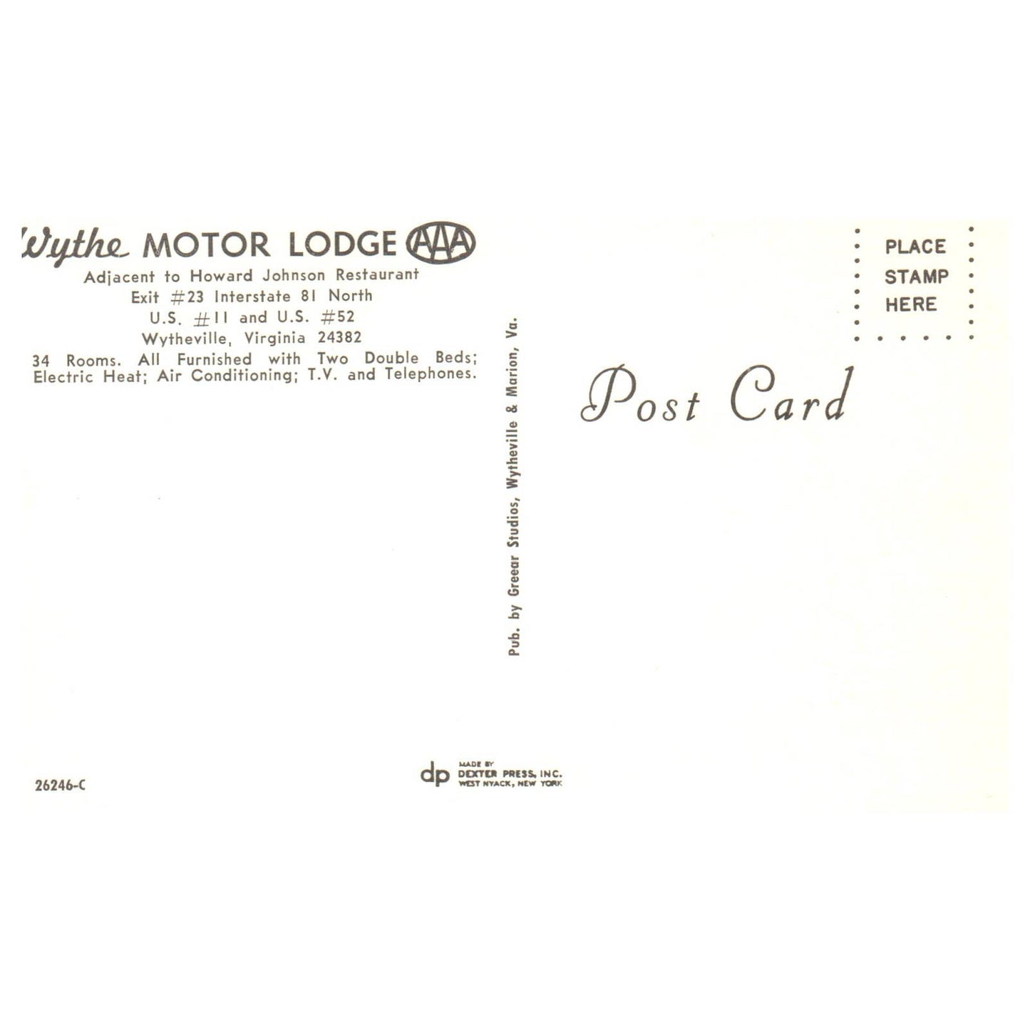 Wythe Motor Lodge AAA Wytheville Virginia - Postcard TJ8-2