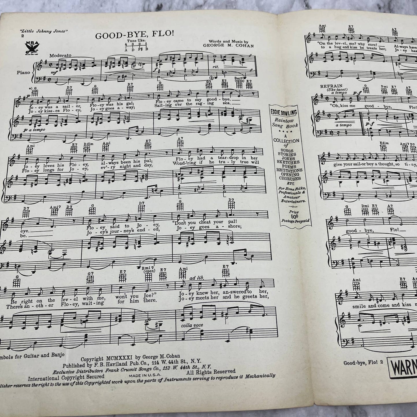 Good-Bye, Flo George M. Cohan 1931 Sheet Music TK2-SM3