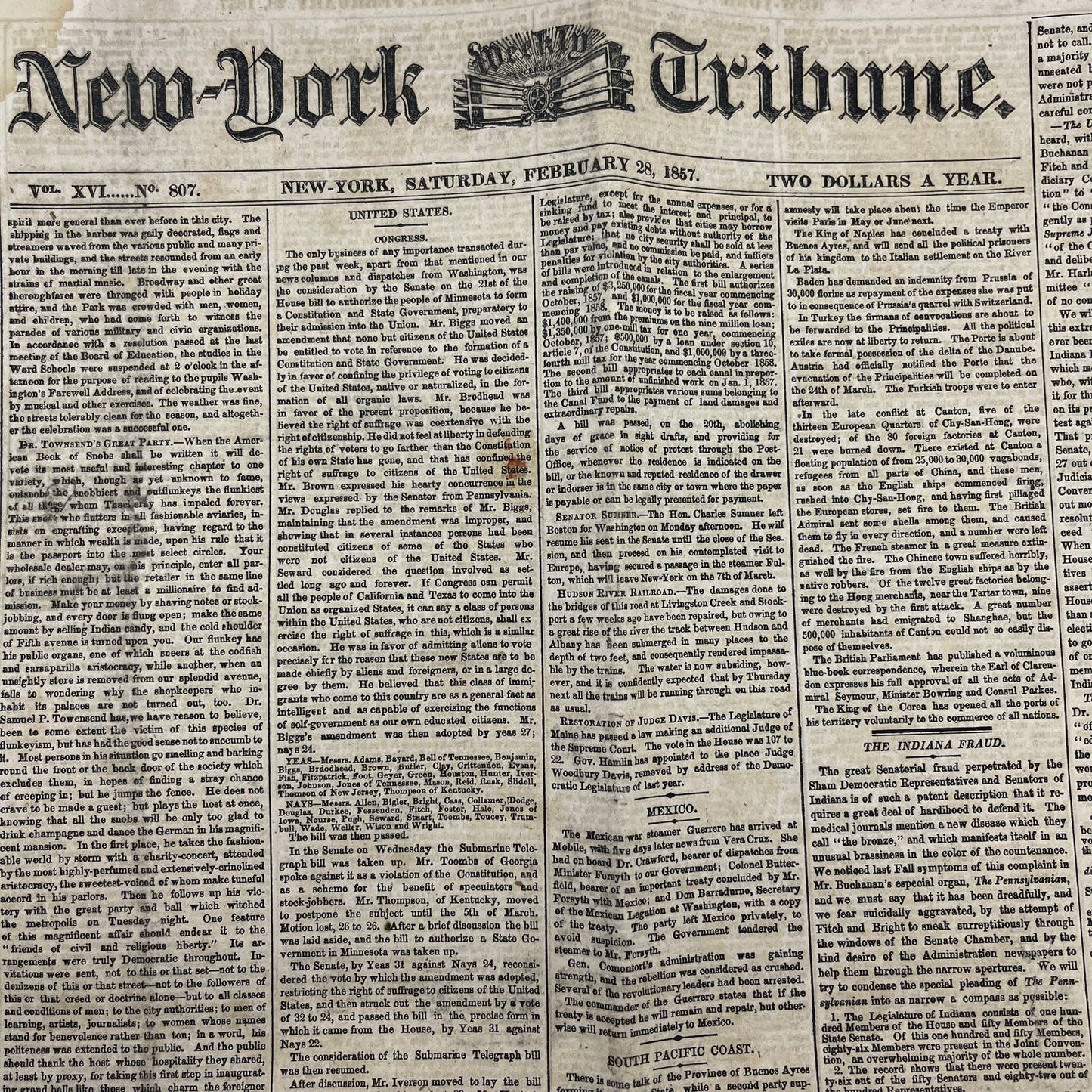 1857 Feb 28 Original New York Tribune - Minnesota Voted Admittance In Union FL4