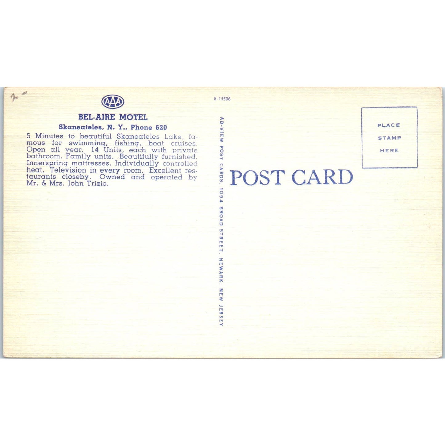 Bel-Aire Motel Skaneateles NY John Trizio - Original Postcard TJ7-RP2