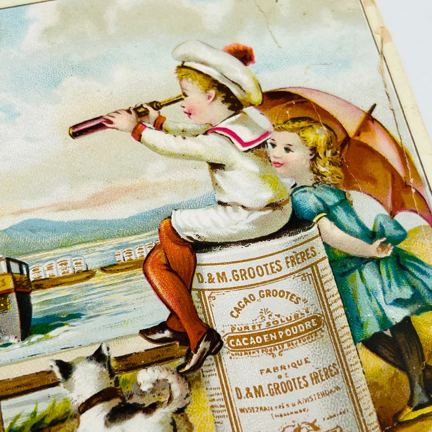 Victorian 1800s French Trade Card Cacao Crooters Children on Tugboat Dog AH9-2