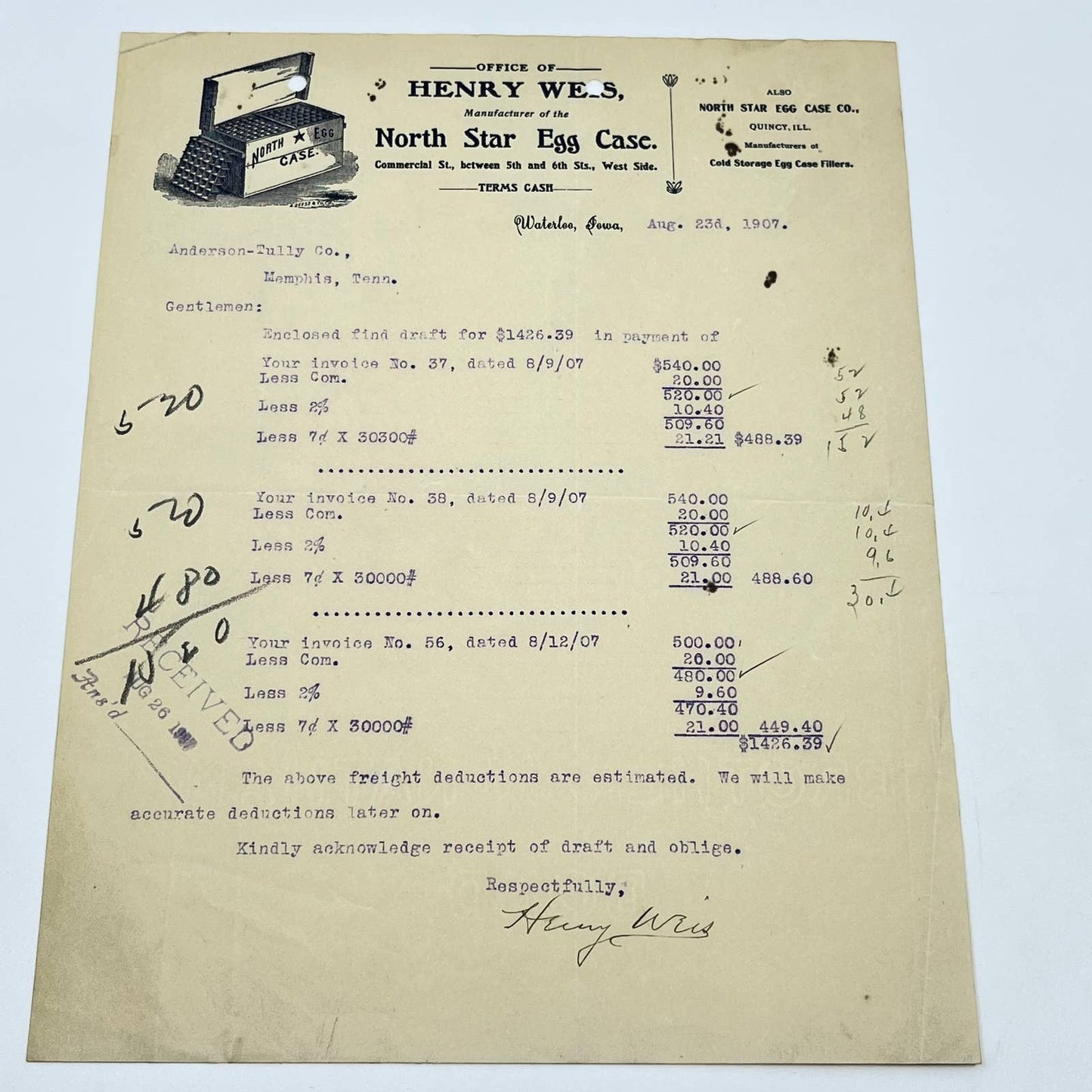 1907 Henry Weis North Star Egg Case  Letterhead Waterloo Iowa AB5