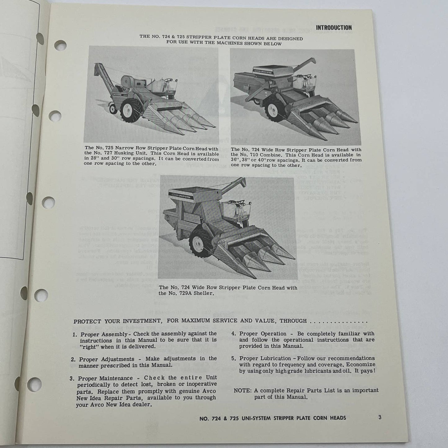 New Idea 724 & 725 Uni-system 3 Row Stripper Plate Corn Head Operator Manual TB9