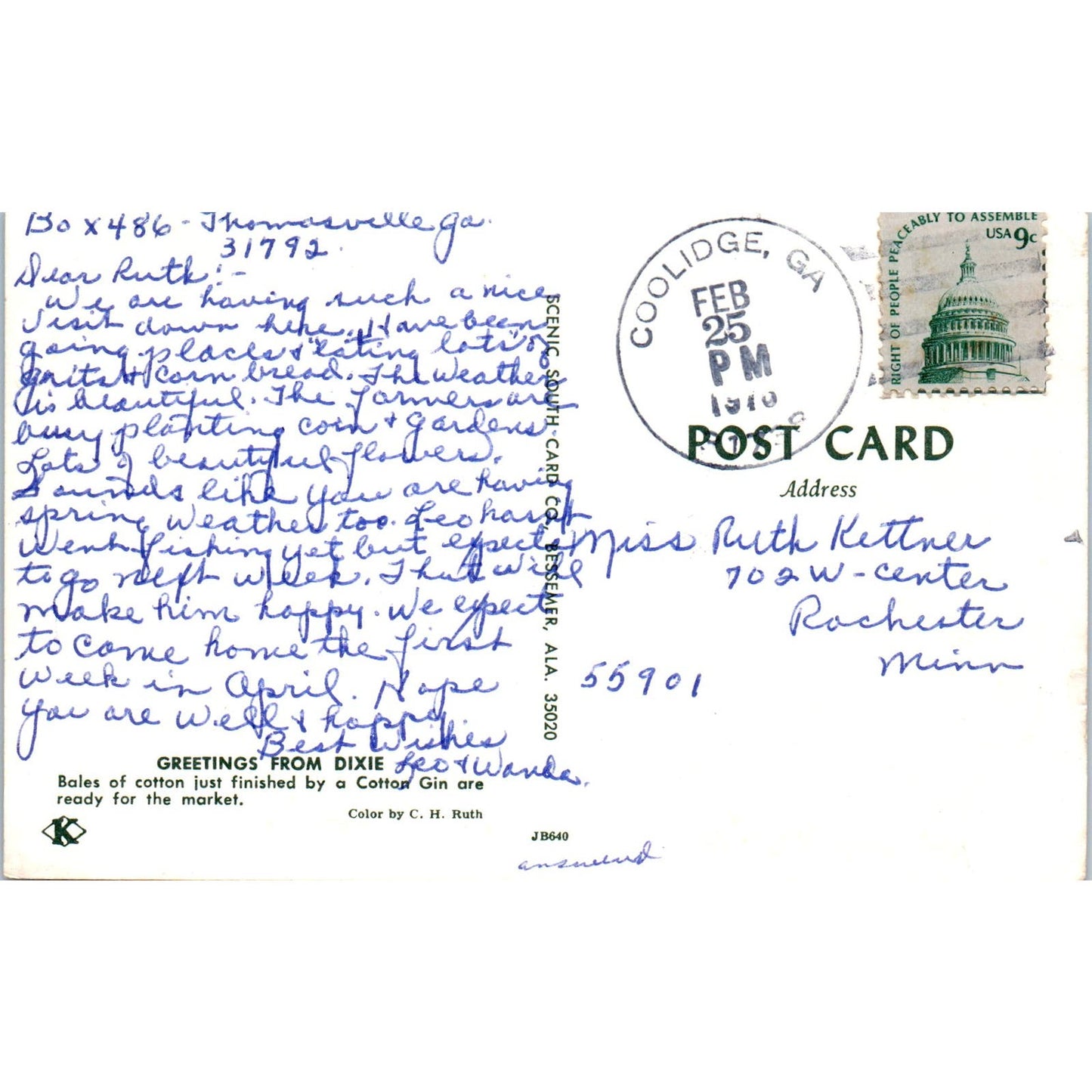 Every Yankee Tourist is Worth a Bale of Cotton Coolidge GA Original Postcard PB1