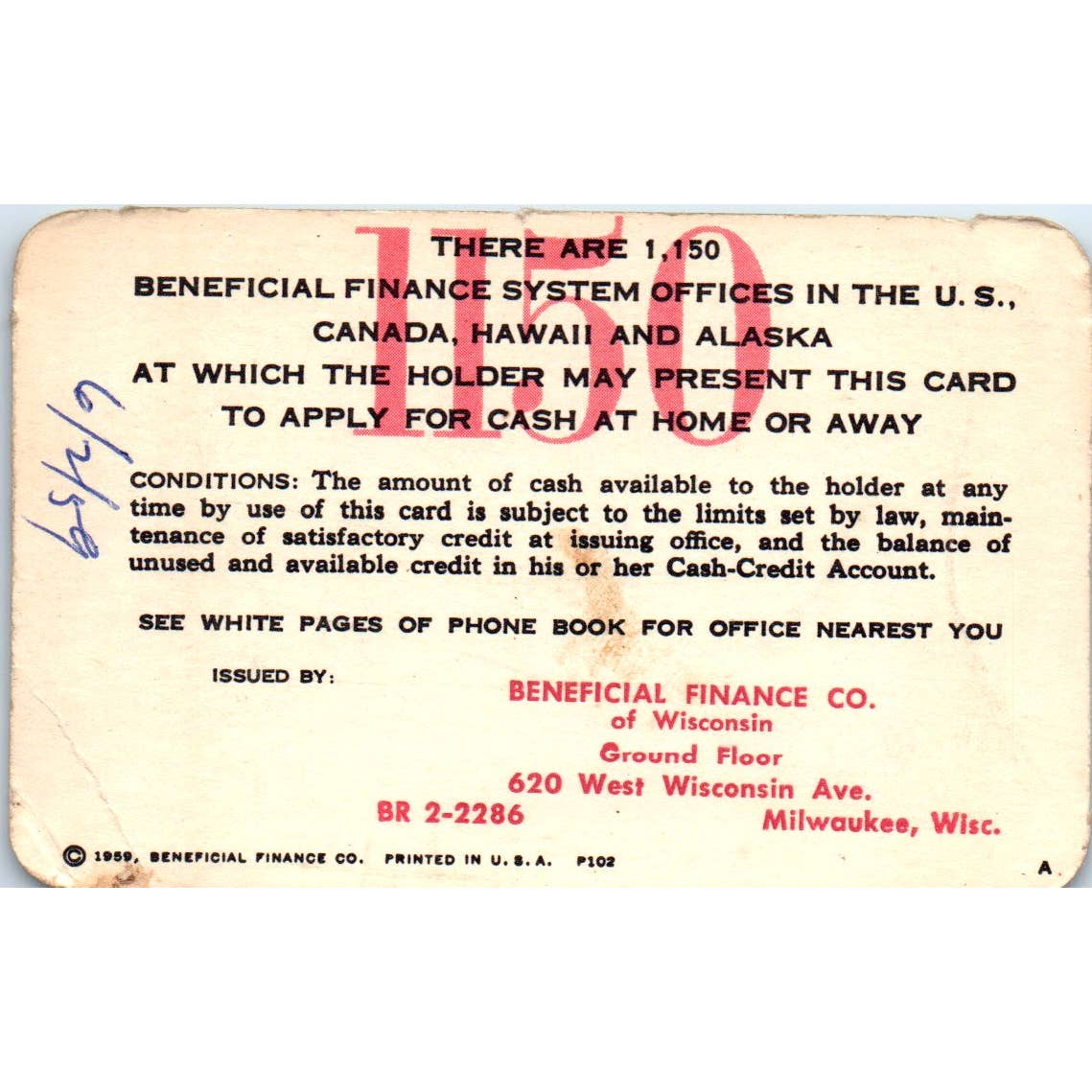 1959 Beneficial Finance System Cash Credit Account Card Milwaukee Obsolete SE5-2