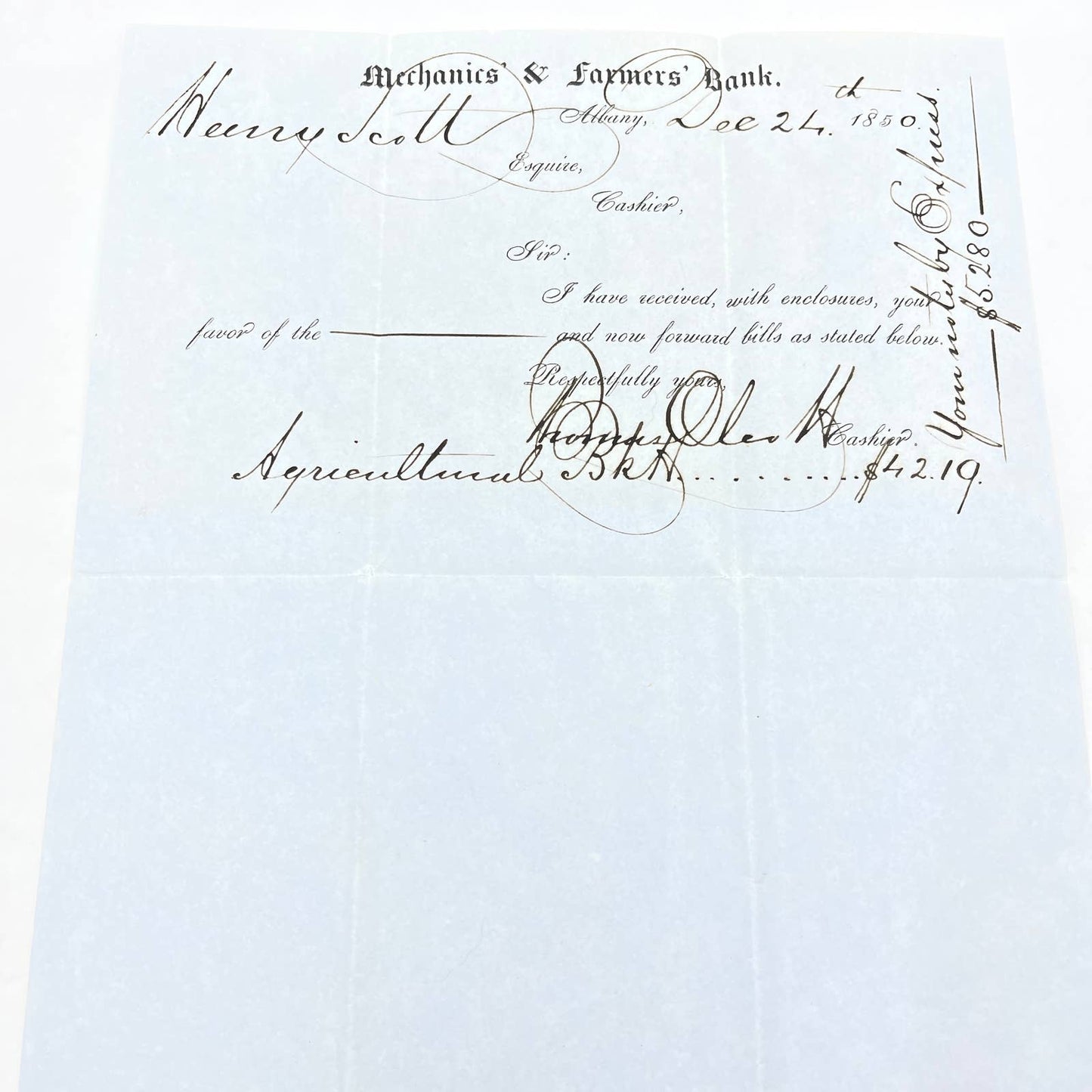 1850 Mechanics & Farmers Bank Albany Letter to Henry Scott Cooperstown NY AC2