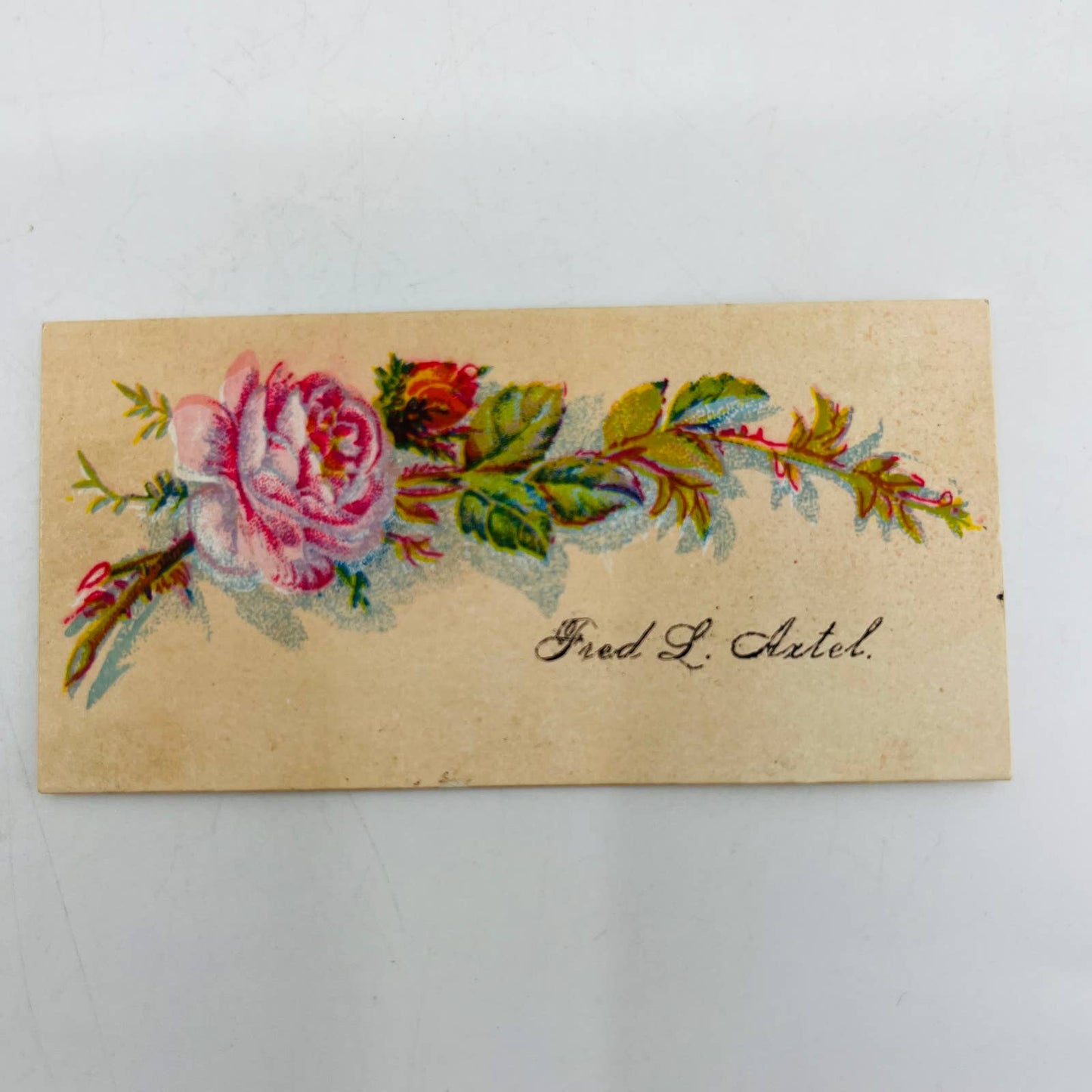 1800s VICTORIAN CALLING CARD LITHO Pink Rose FRED L. AXTEL AA2