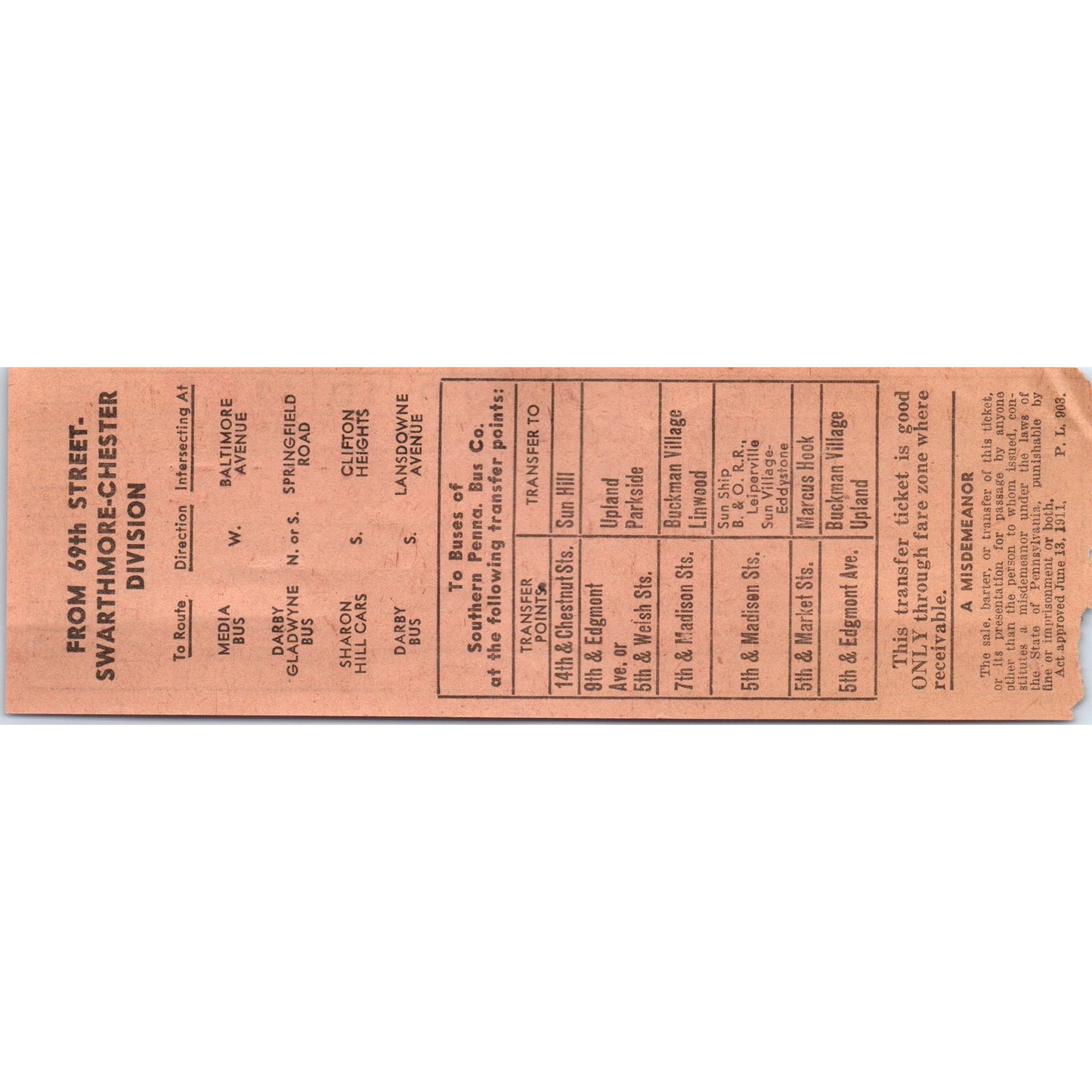 VTG Philadelphia Suburban Transport Streetcar Transfer Ticket Swarthmore AK3-6