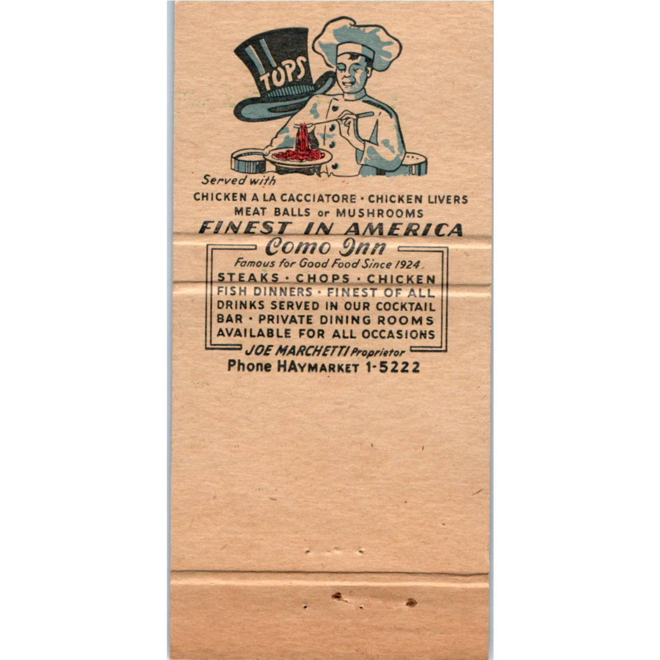 Como Inn Italian Restaurant Chicago Advertising Matchbook Cover MM10-3