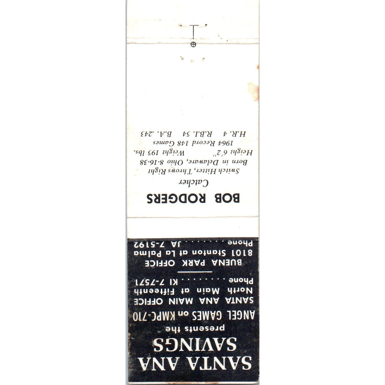 Santa Ana Savings Bob Rodgers Baseball Advertising Matchbook Cover MM9-9