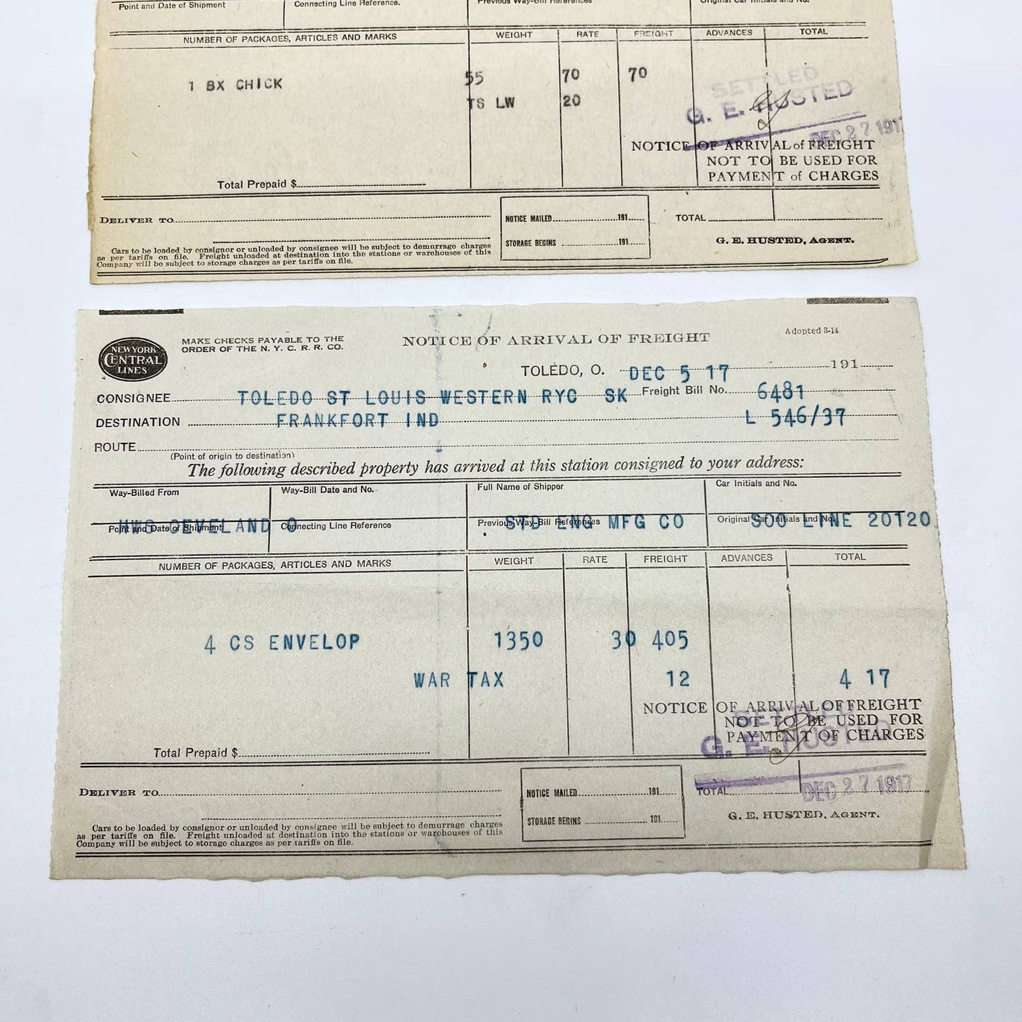 1917 Toledo, St. Louis & Western Railroad RR Arrival Notice Lot of 2 AA9