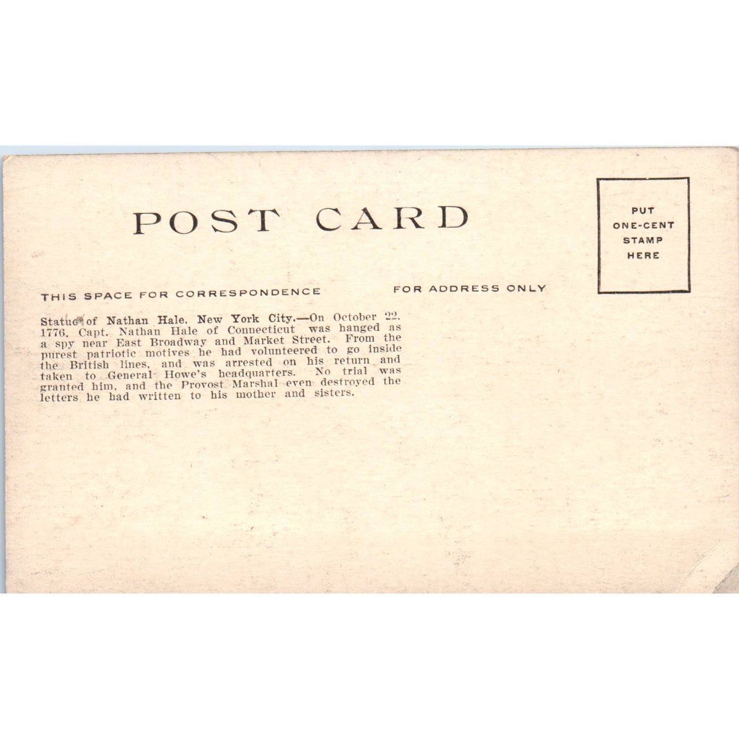 Statue of Nathan Hale New York City c1910 Original Postcard TK1-27