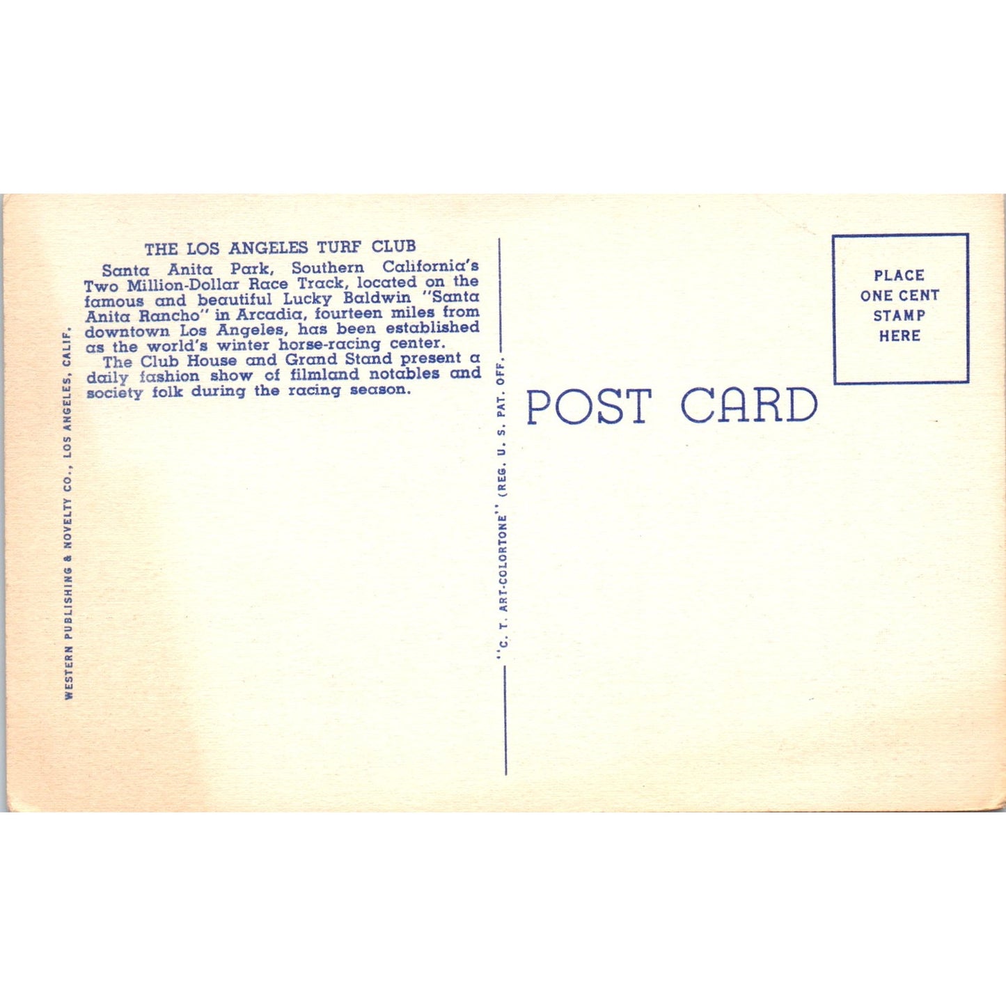 Los Angeles Turf Club Santa Anita Park Horse Race Track Original Postcard P2-9