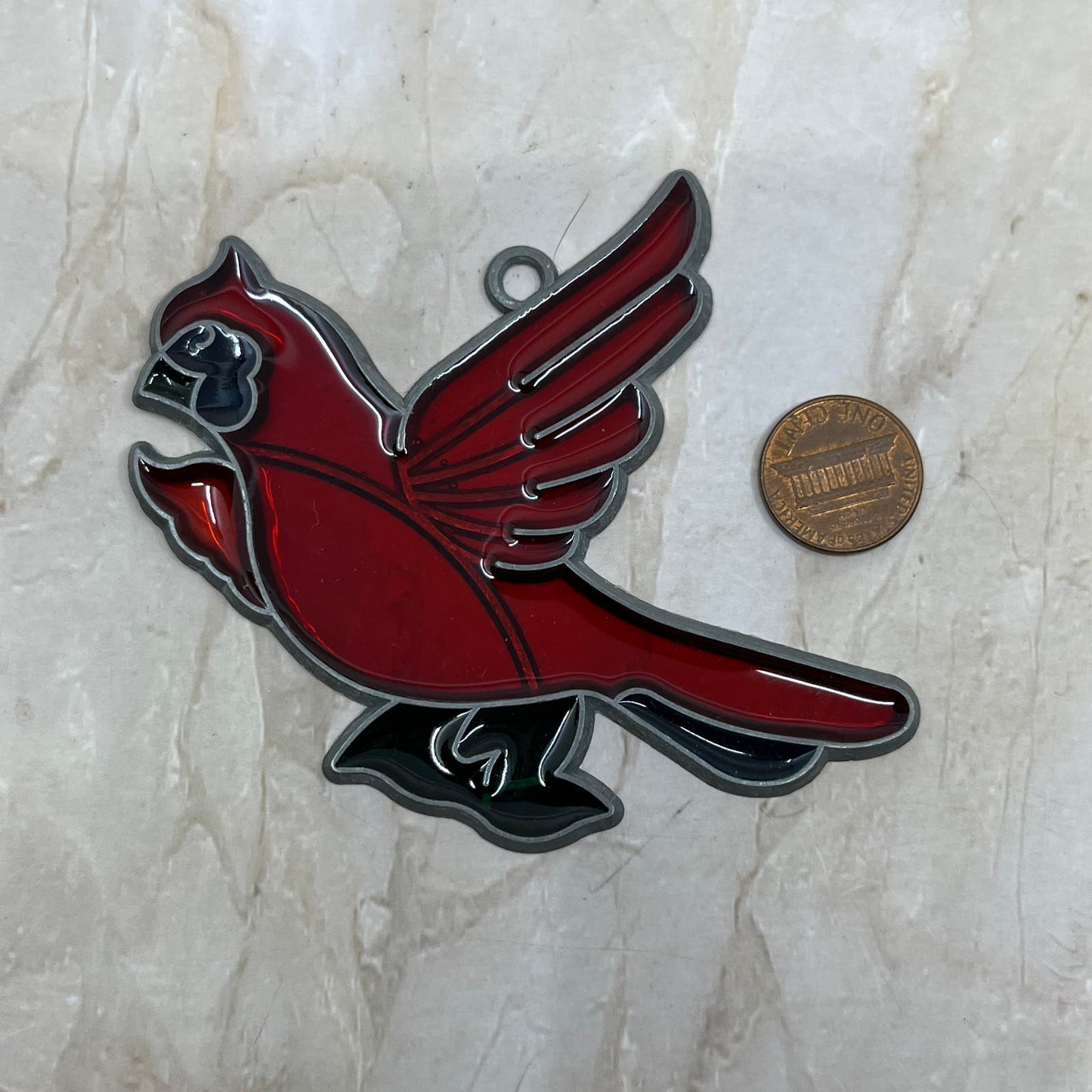 1980s Red Cardinal Bird Stained Glass Suncatcher 3.5” TE5-S1-2