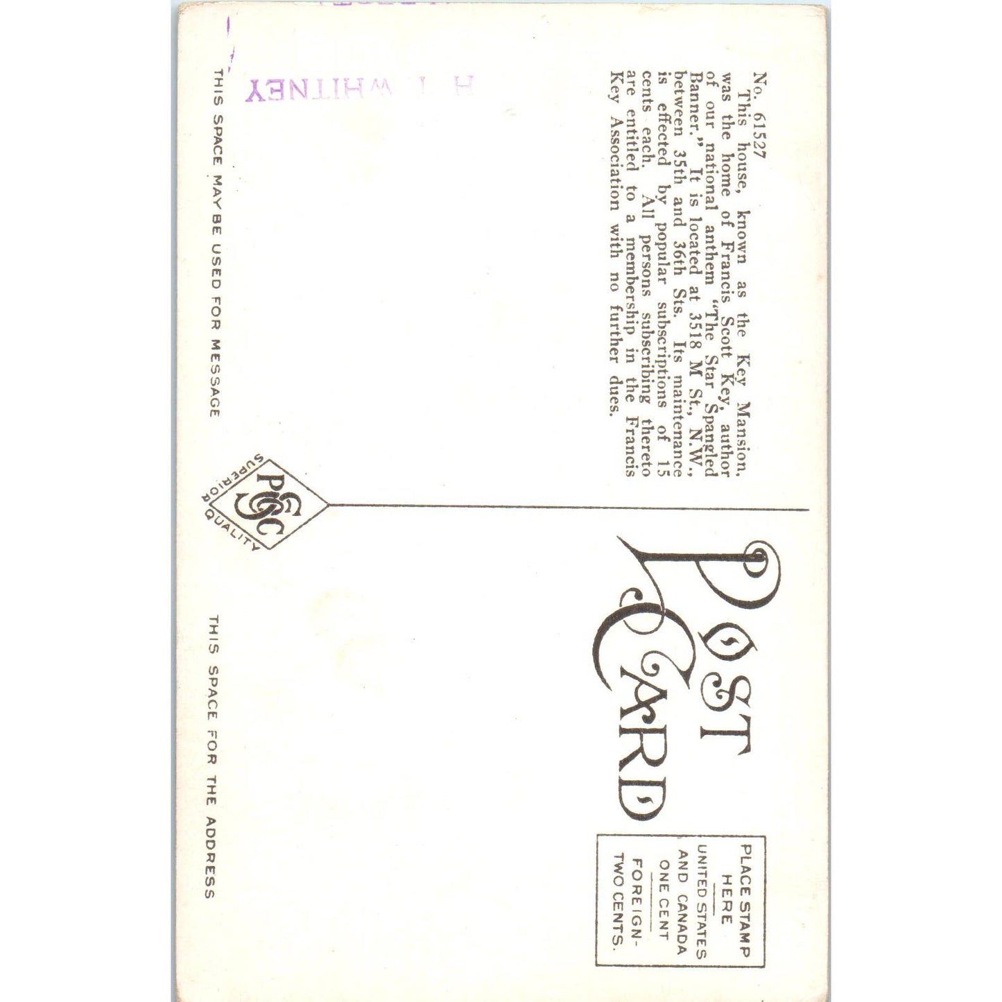 The Key Mansion Washington D.C. Original Postcard TK1-P2