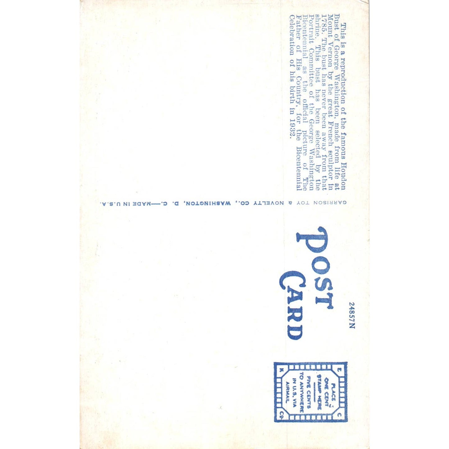 George Washington Famous Houdon Bust Original Postcard TK1-P1