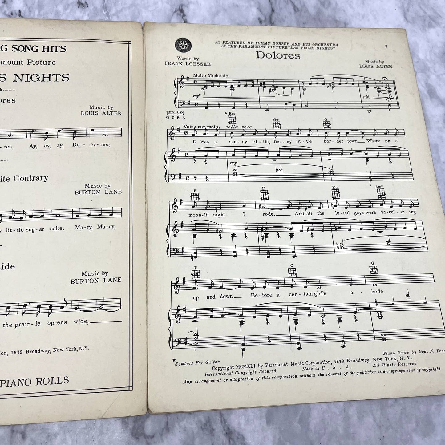 Dolores Las Vegas Nights Tommy Dorsey Frank Sinatra 1941 Sheet Music TK2-SM2