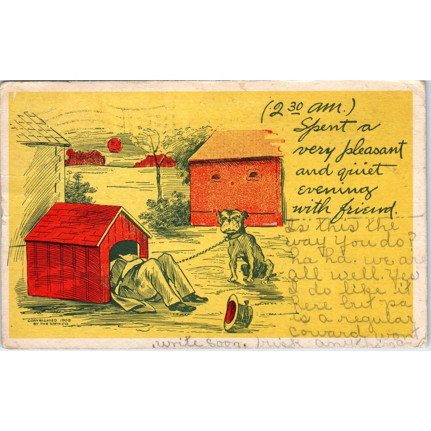 Man in Dog House Humor Cartoon 1907 Original Postcard PB1