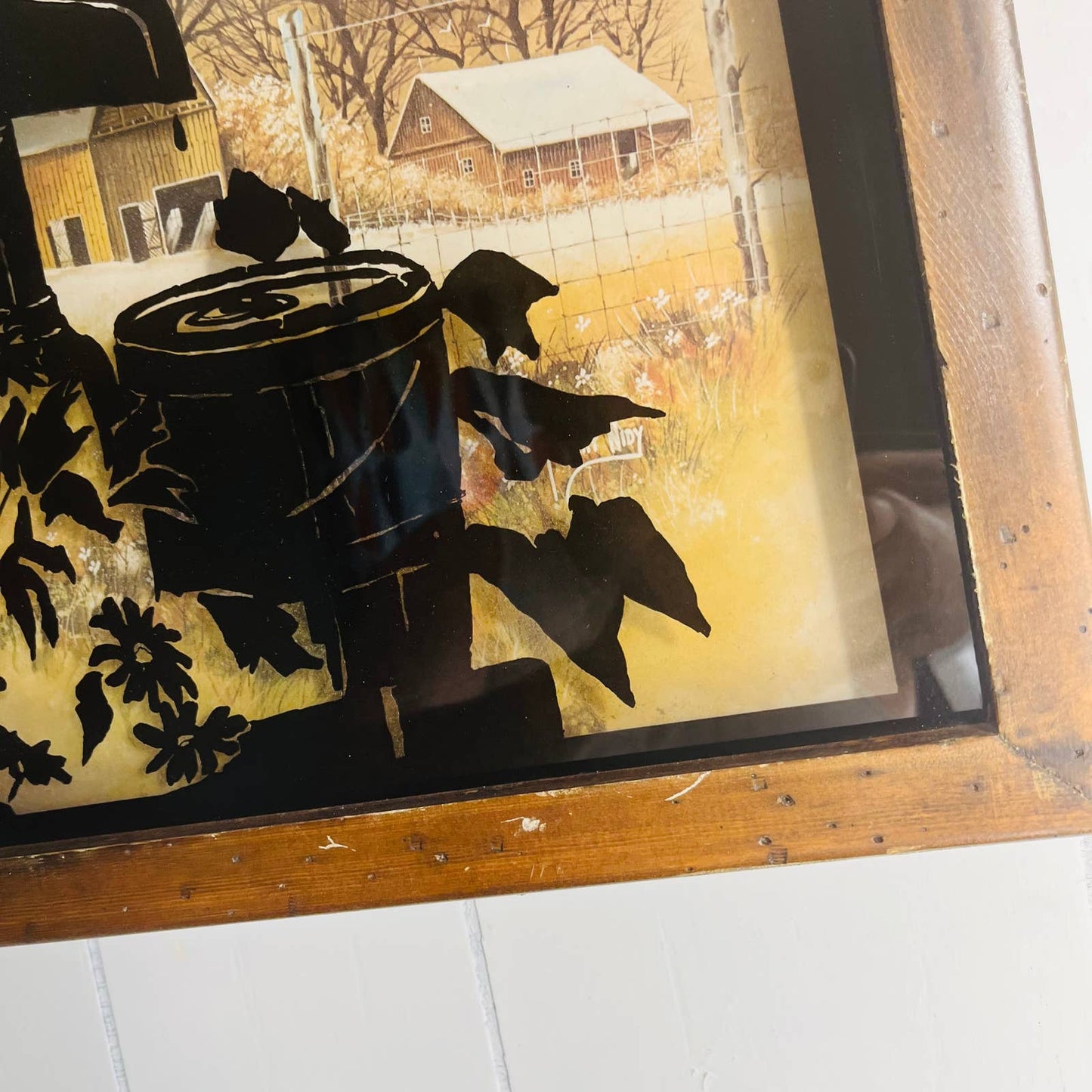 1980 Large Rustic Shadowbox Quartz Wall Clock Farmhouse Scene 21x17 WORKS