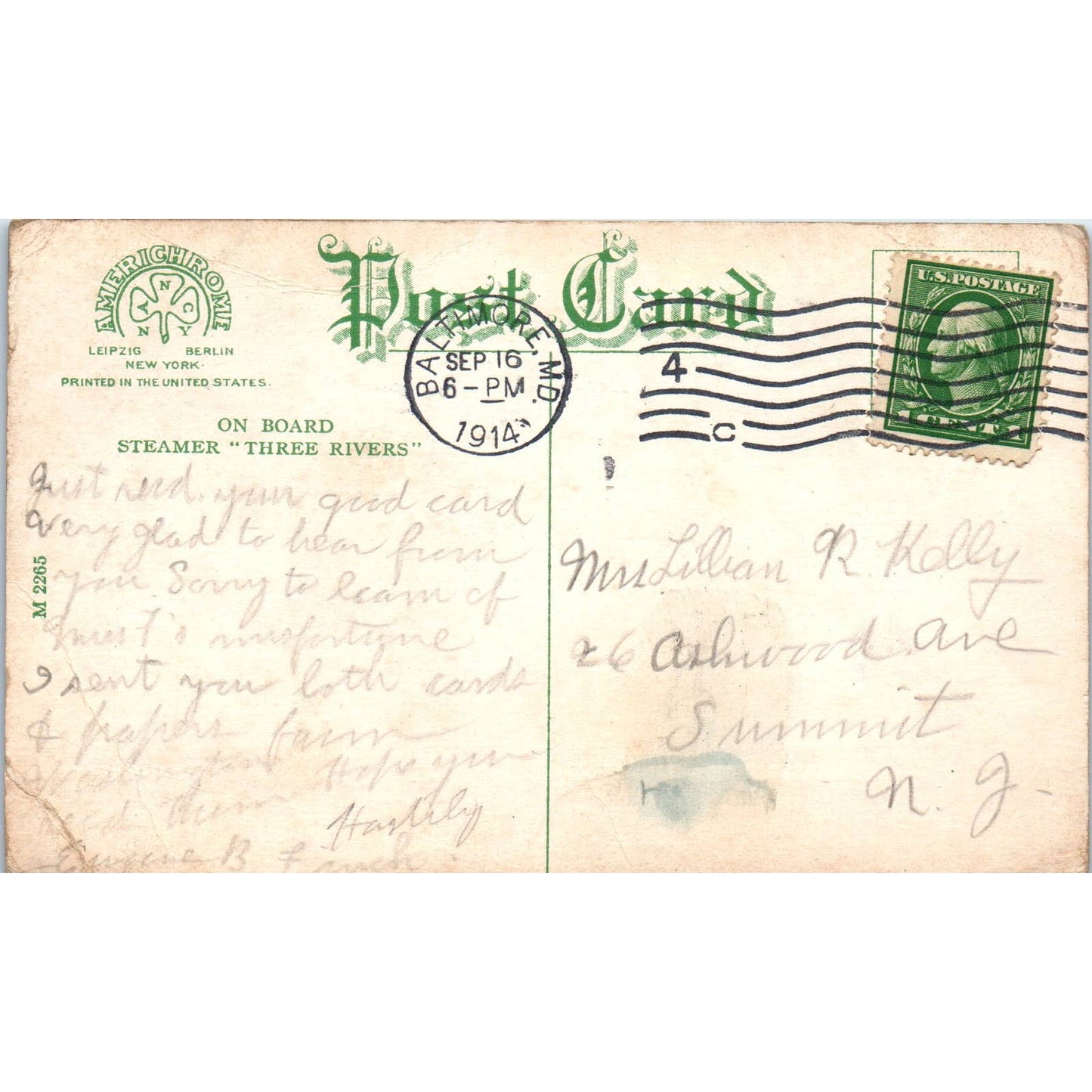 On Board Steamer "Three Rivers" 1914 - Original Postcard TJ9-P1