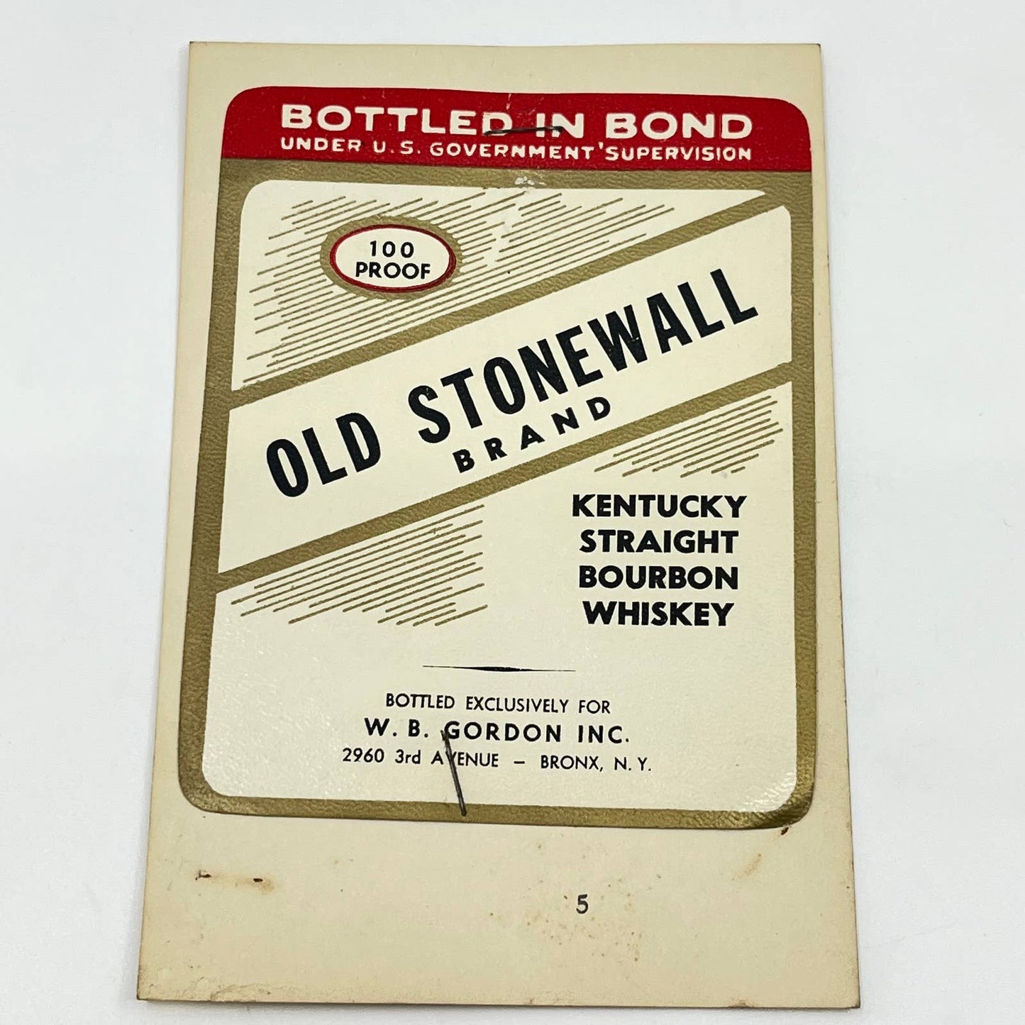 Old Stonewall Whiskey Label W.B. Gordon 2960 3rd Ave Bronx New York