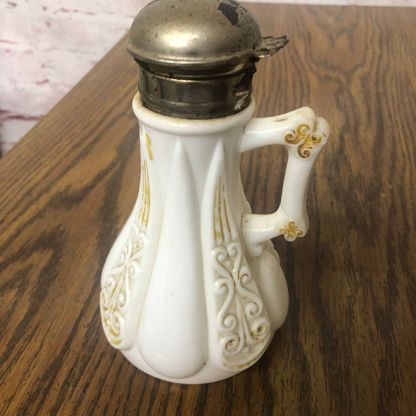 1880 Antique Victorian Gilded Milk Glass Syrup Pitcher w/ Metal Spring Top TD8