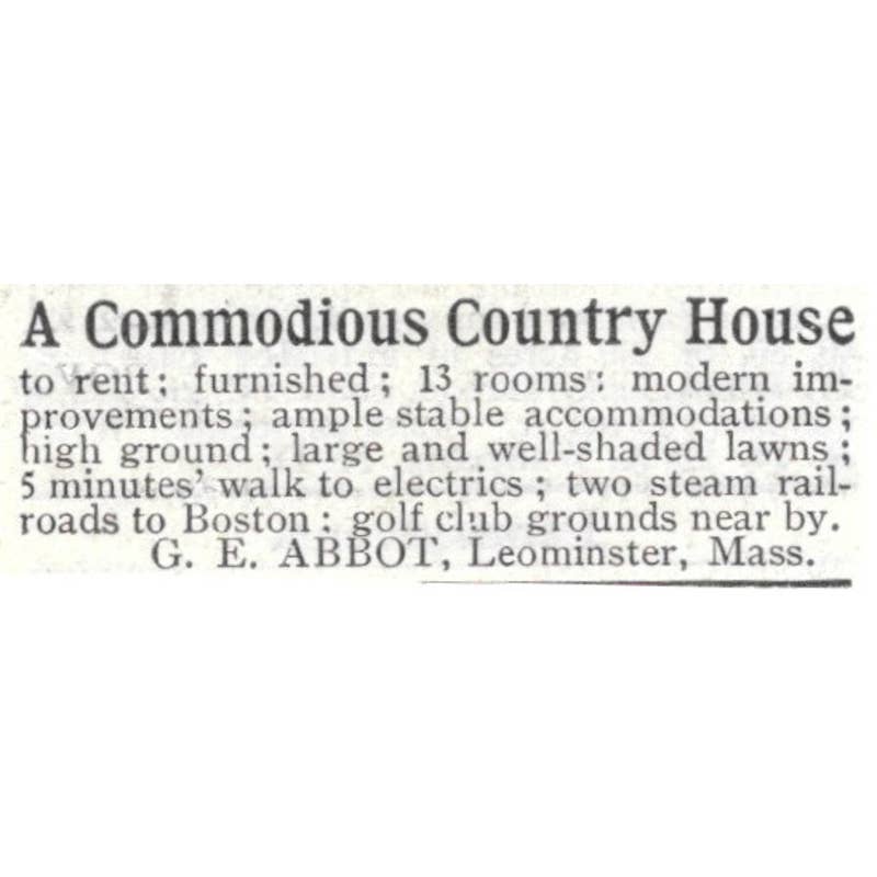 Country House For Rent G.E. Abbot Leominster Mass - 1903 Original Ad TJ8-7-6