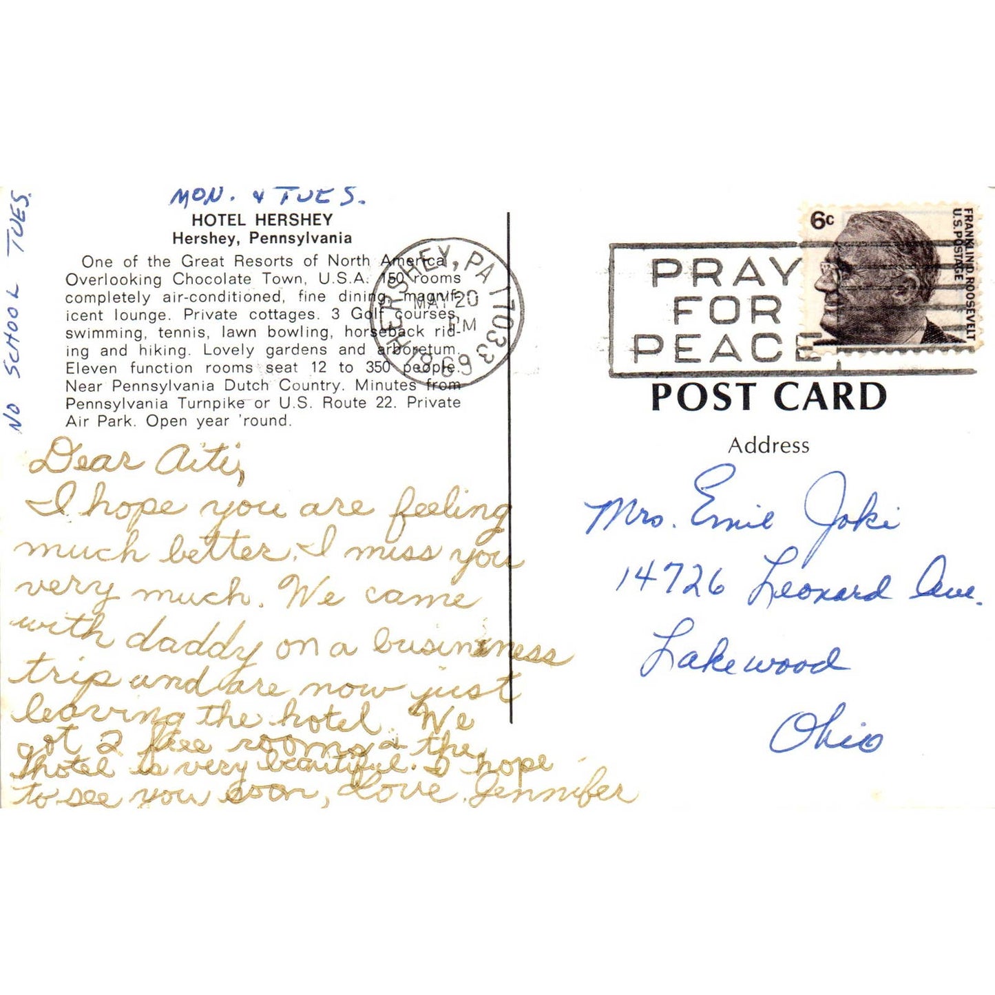 Vintage Postcard Hotel Hershey, Hershey PA TD8-P2