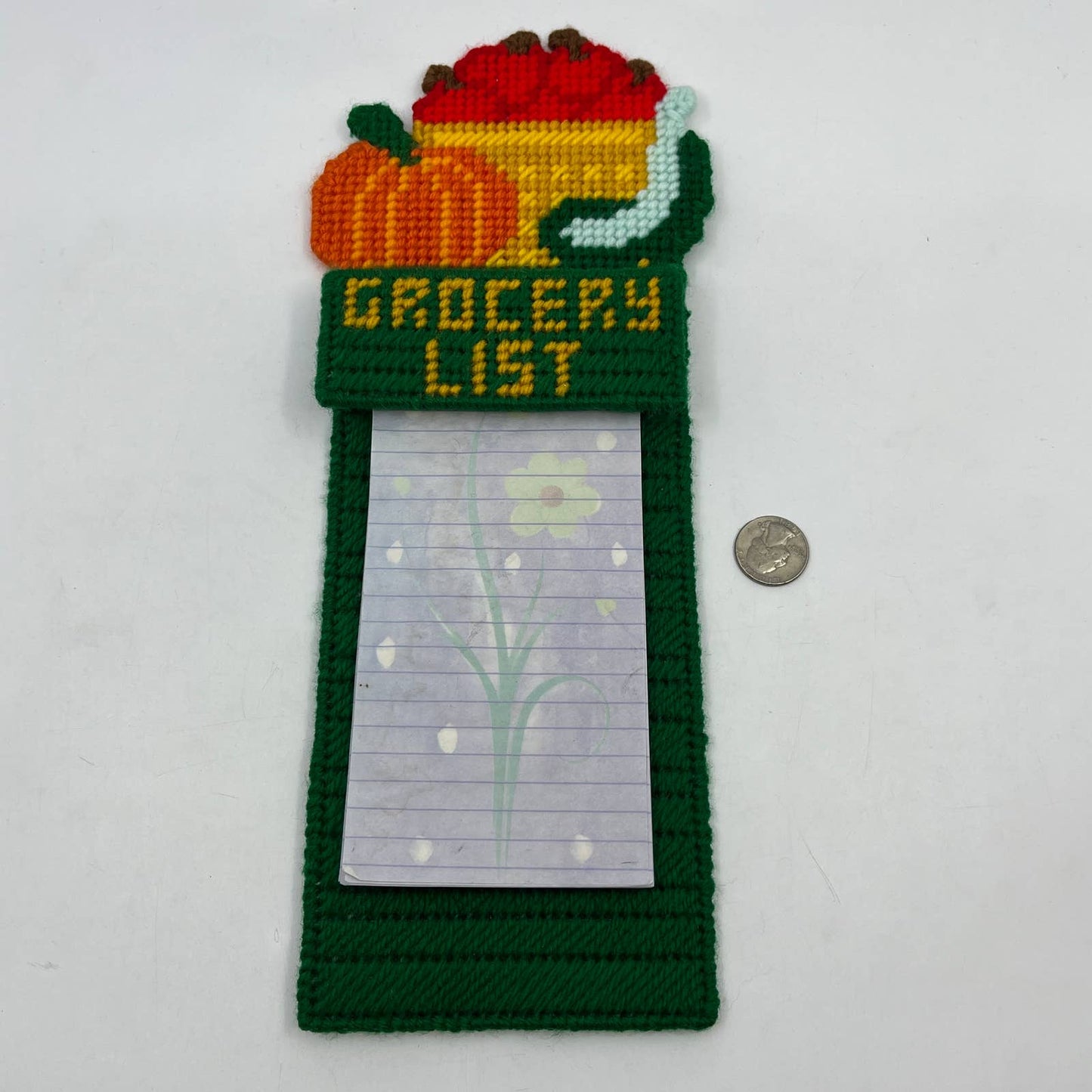 Retro Kitsch Cross Stitch Canvas Grocery List Holder Magnet Autumn Pumpkin TC3