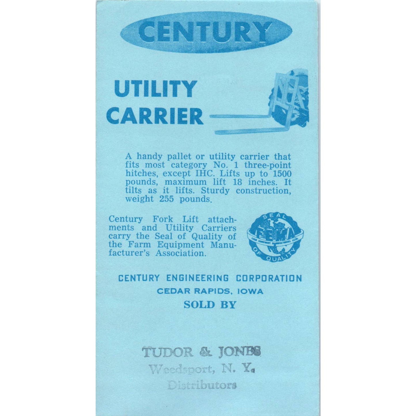 Vintage Fold Out Brochure Century Fork Lift Tractor Attachment SE5-2