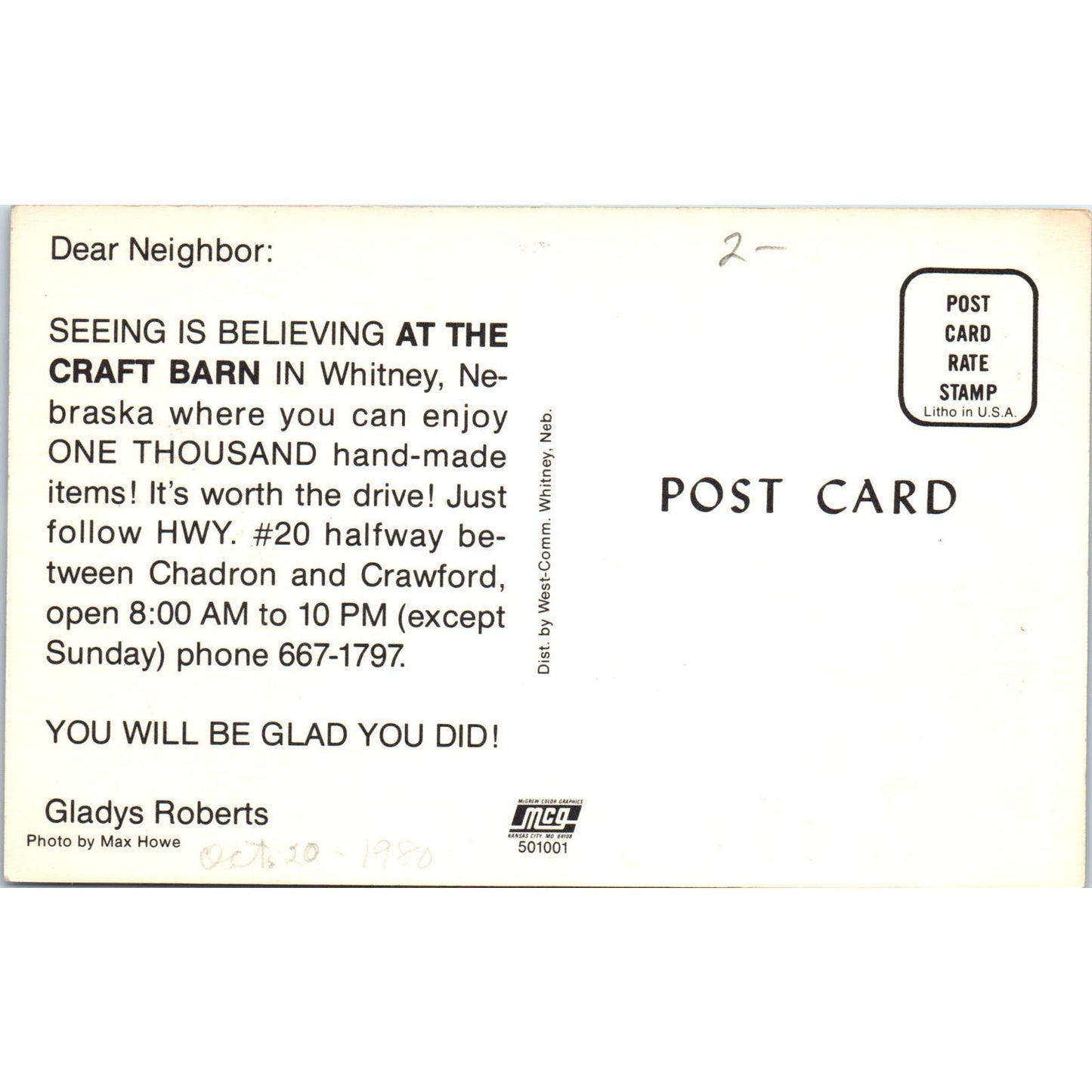 The Craft Barn in Whitney Nebraska 1980 Original Postcard PB7