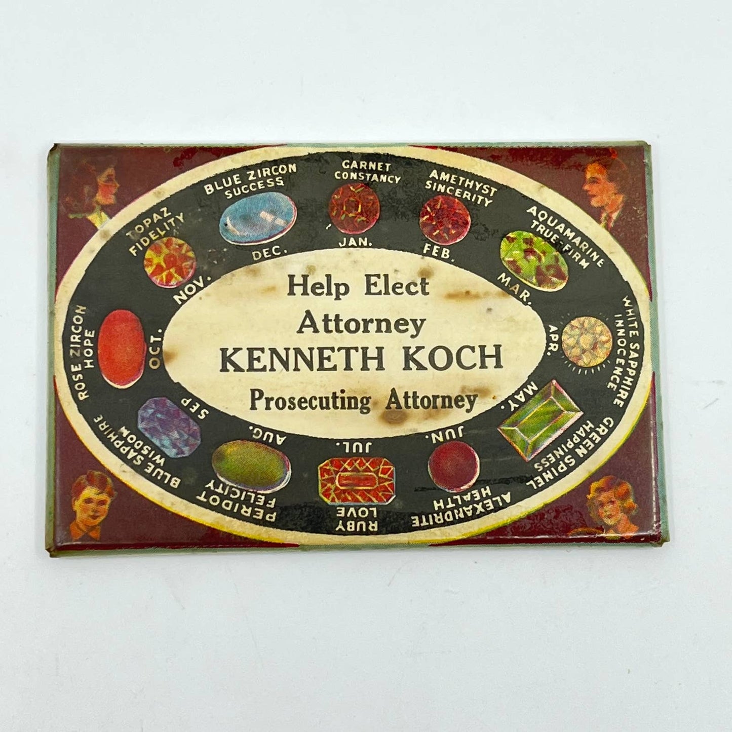 1900s Celluloid Advertising Mirror Elect Attorney Kenneth Koch Birth Stones SC3
