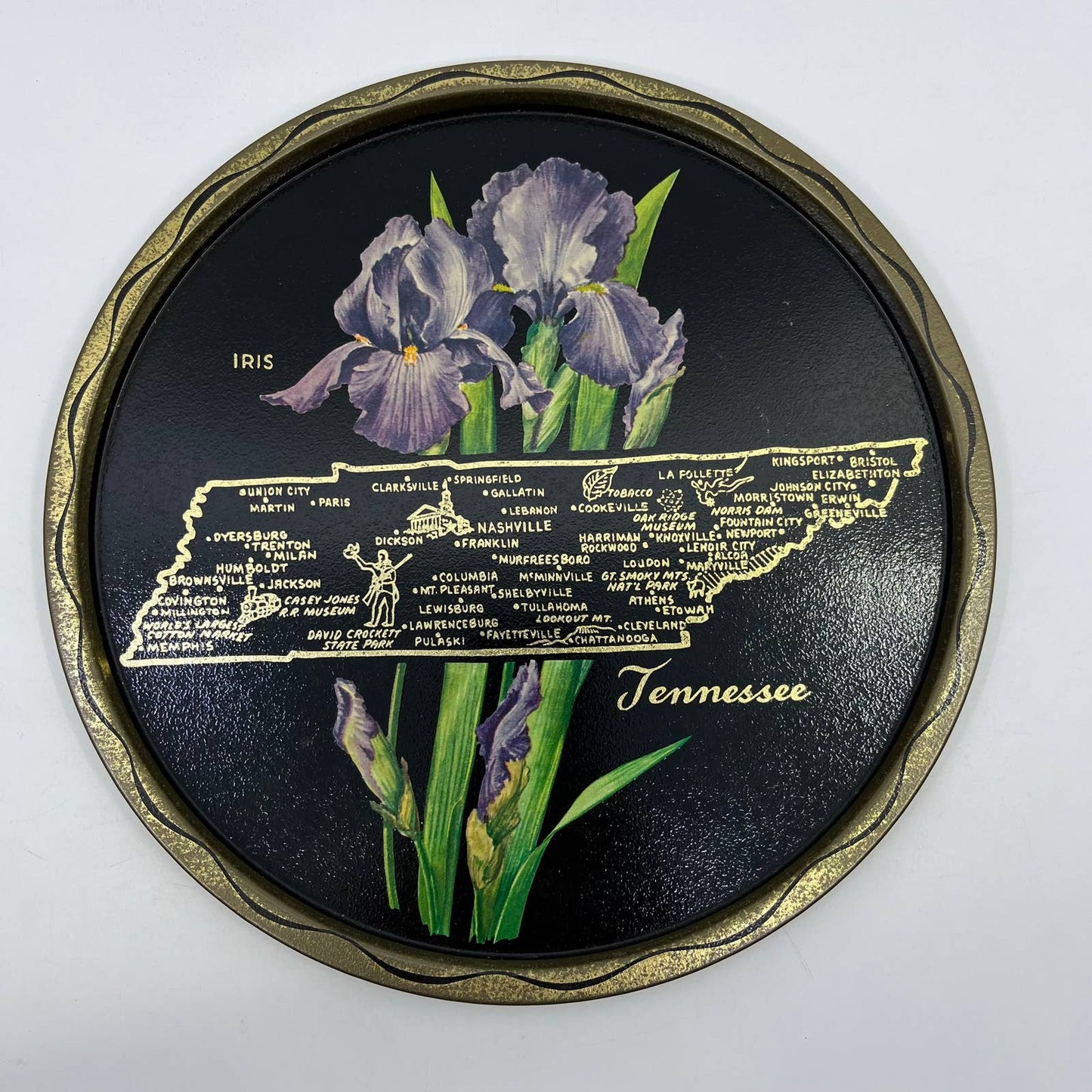 Vintage Black & Gold Metal State Souvenir Plate Tray Tennessee 11” TH2